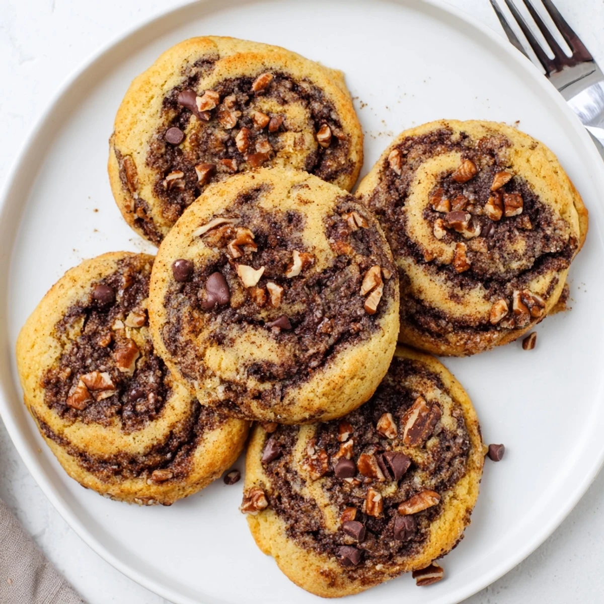 Freshly baked keto cinnamon roll chocolate chip cookies cooling on a wire rack with golden edges