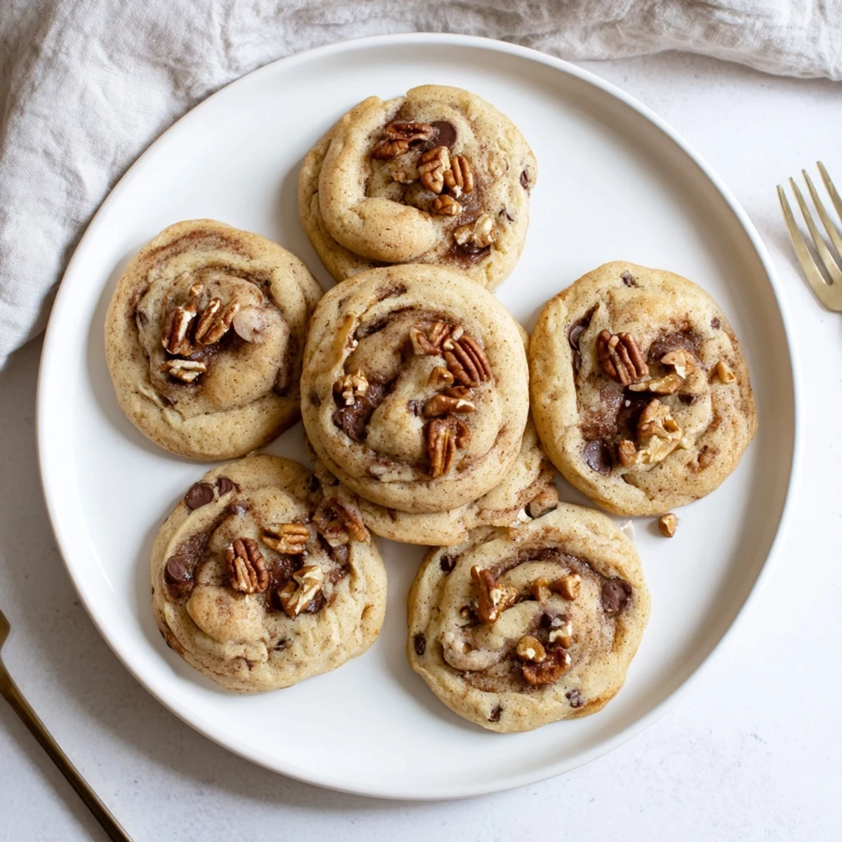 Close-up of chewy low-carb cinnamon roll cookies studded with sugar-free chocolate chips and cinnamon ribbons