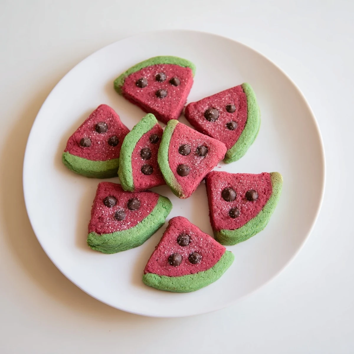 Soft vegan watermelon sugar cookies decorated with pink frosting and green edges on white plate