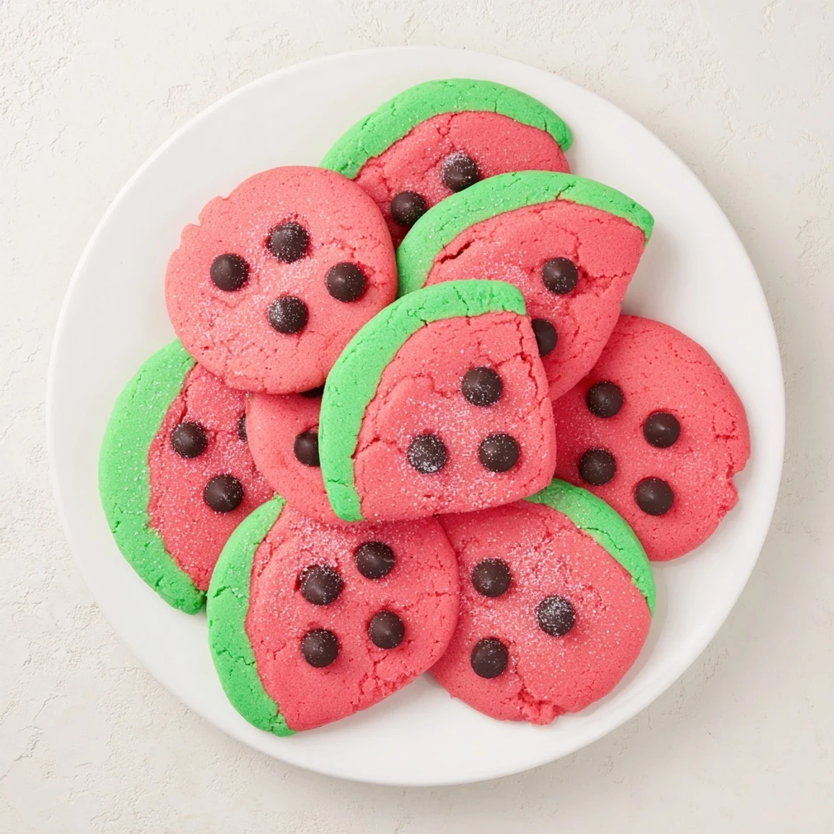 Freshly baked vegan watermelon sugar cookies shaped like watermelon slices with pink and green swirls
