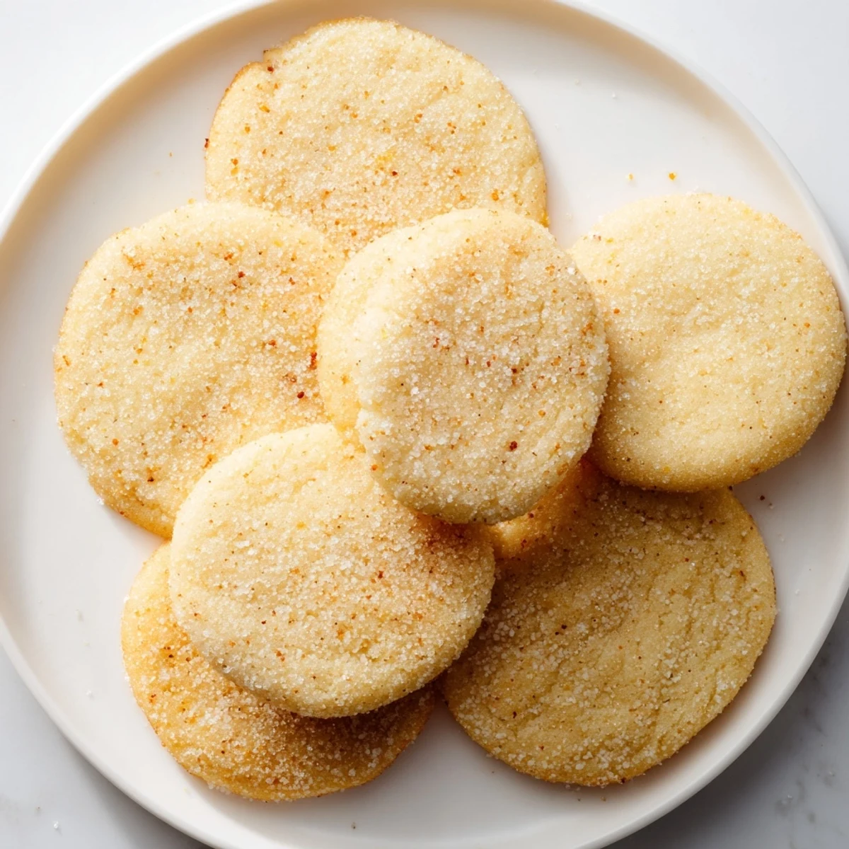 Soft vegan mango chili sugar cookies with golden edges and sugar coating on a white plate.
