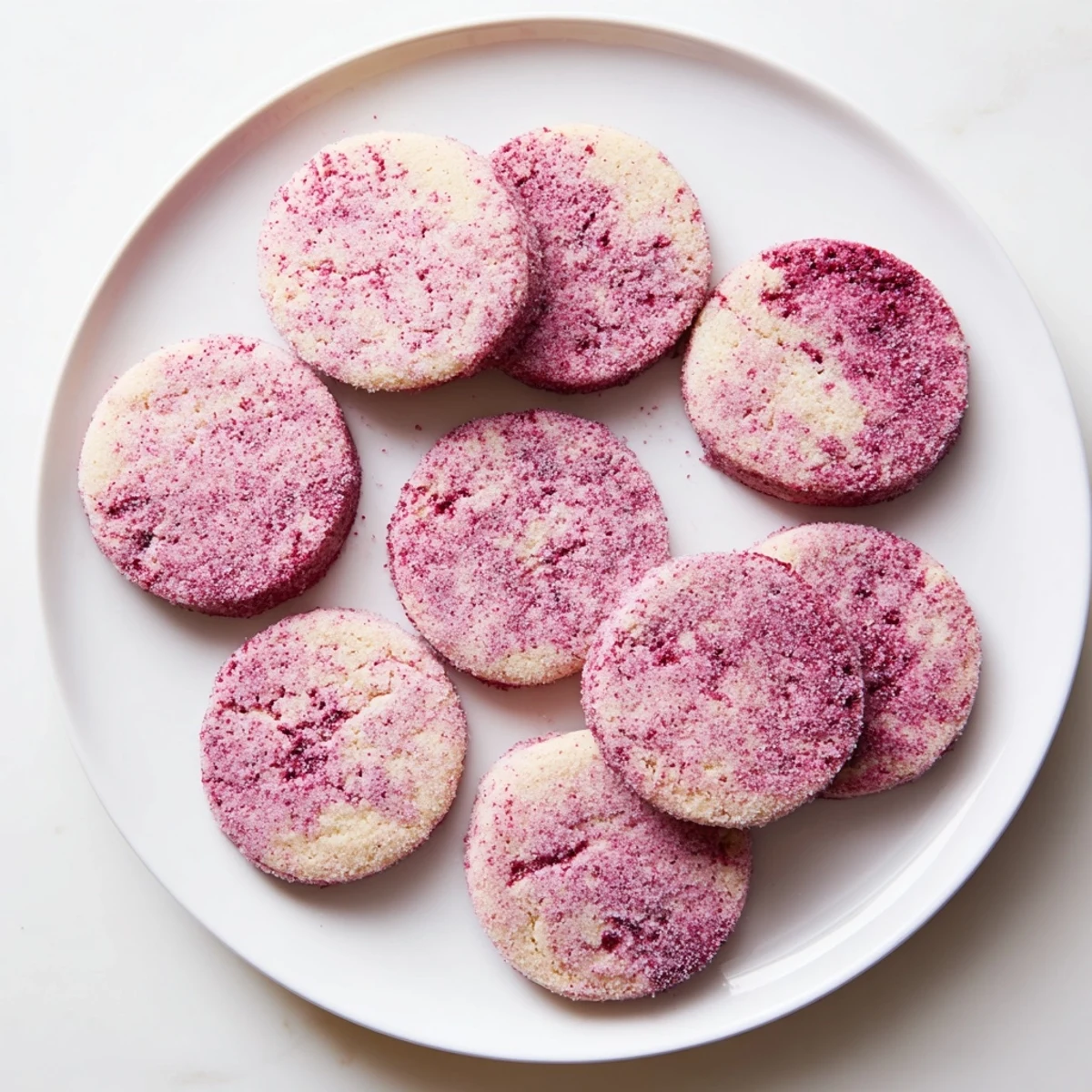Soft pink vegan dragonfruit vanilla sugar cookies with sugar-crusted edges on a white plate