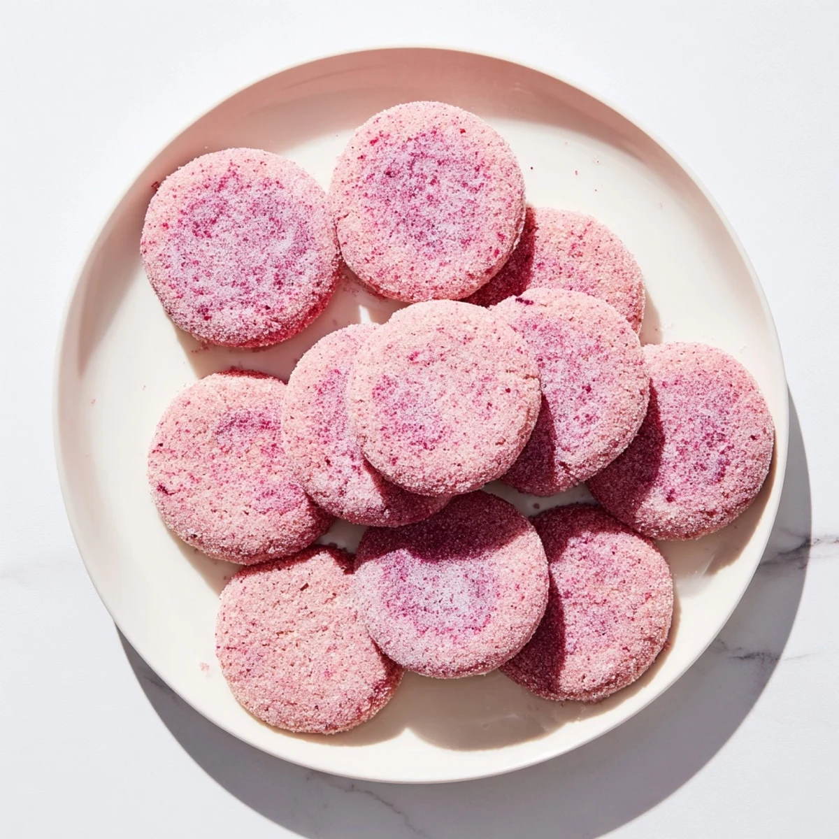 Stack of vibrant dragonfruit vanilla sugar cookies showing natural pink color and soft texture