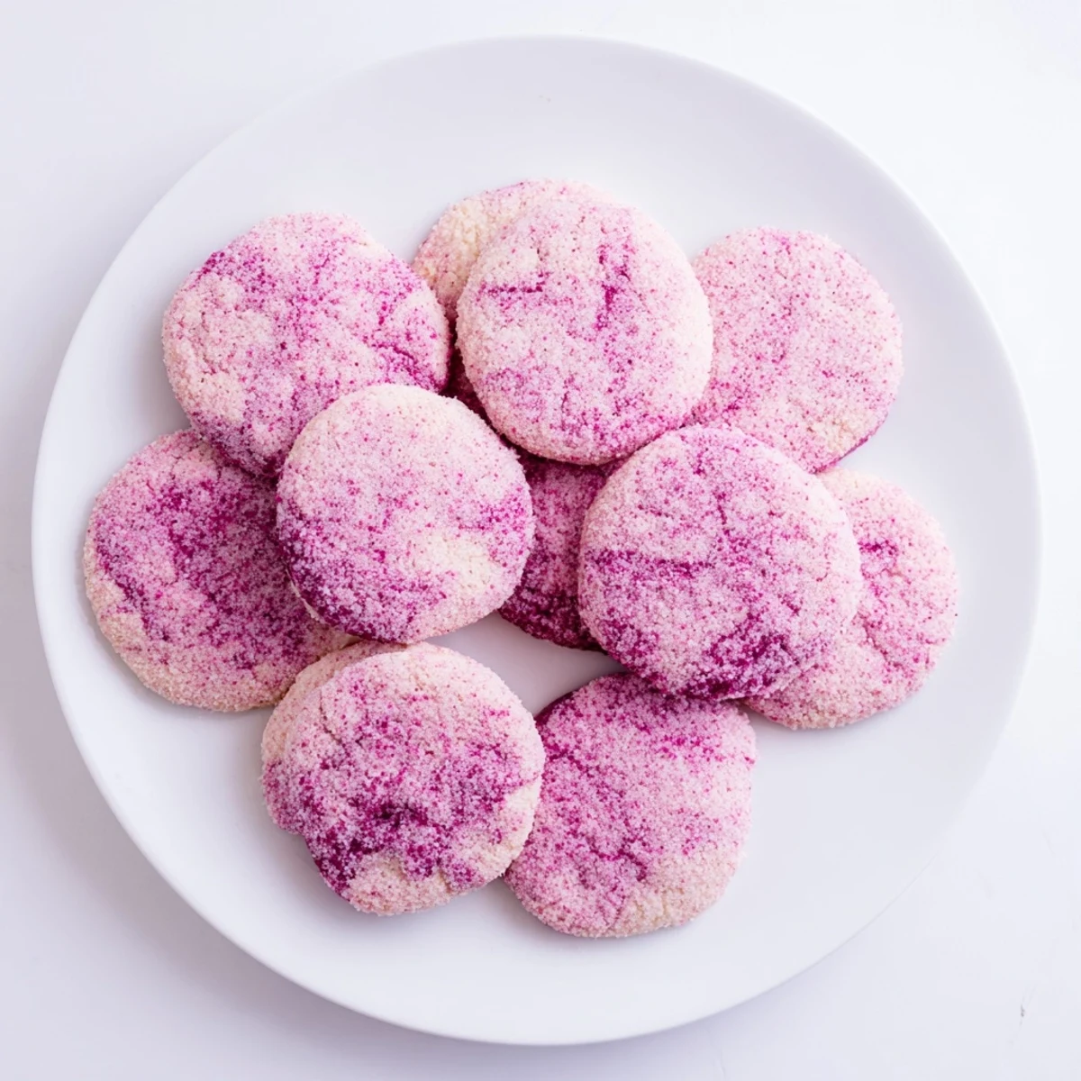 Freshly baked vegan dragonfruit vanilla sugar cookies cooling on wire rack with crackled tops