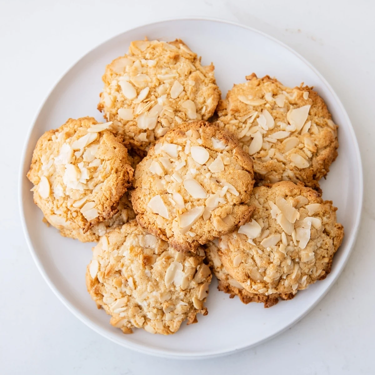 Golden brown keto toasted coconut almond cookies with visible coconut flakes and sliced almond toppings on a white plate