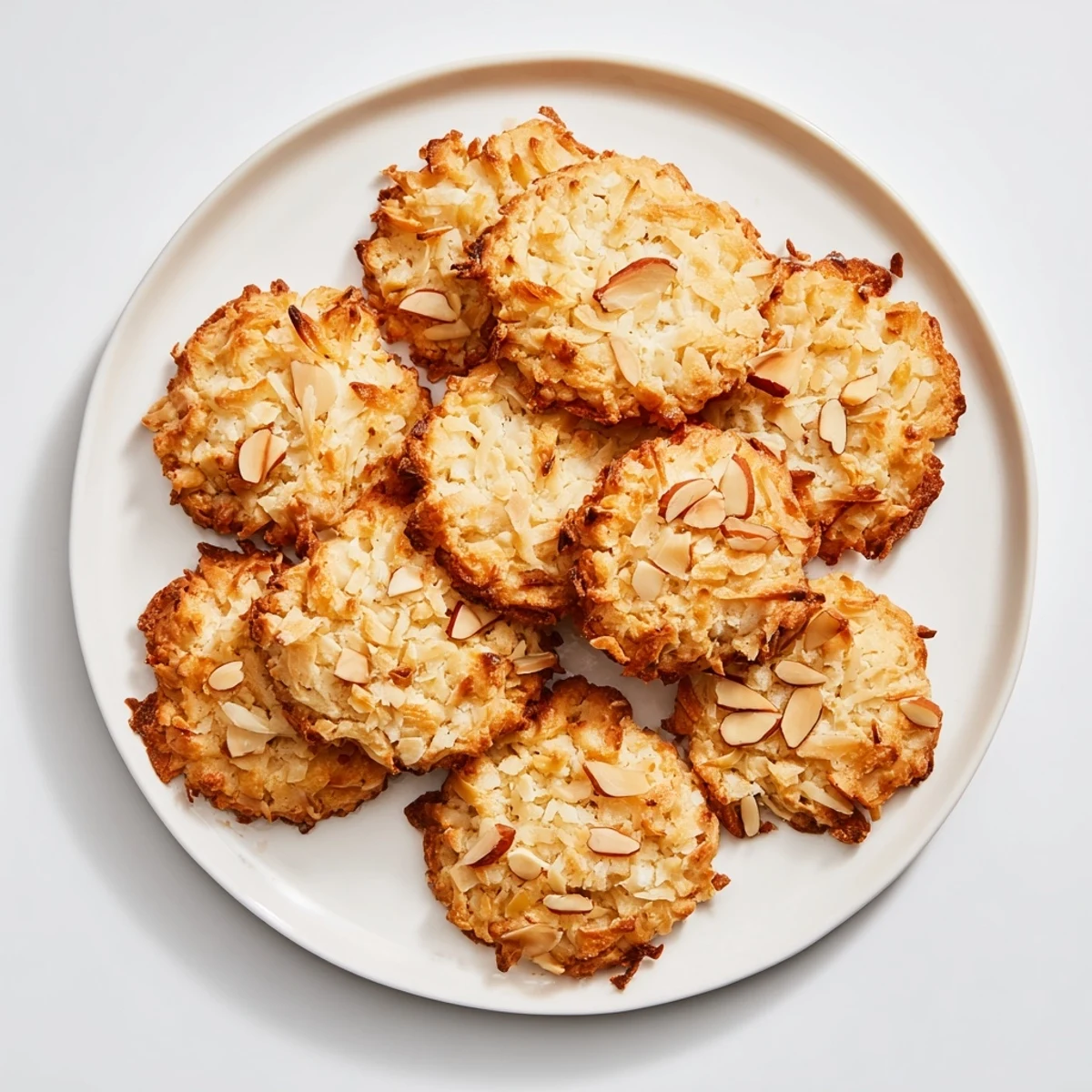 Buttery low-carb coconut almond cookies arranged on baking sheet with toasted coconut garnish and crisp golden edges