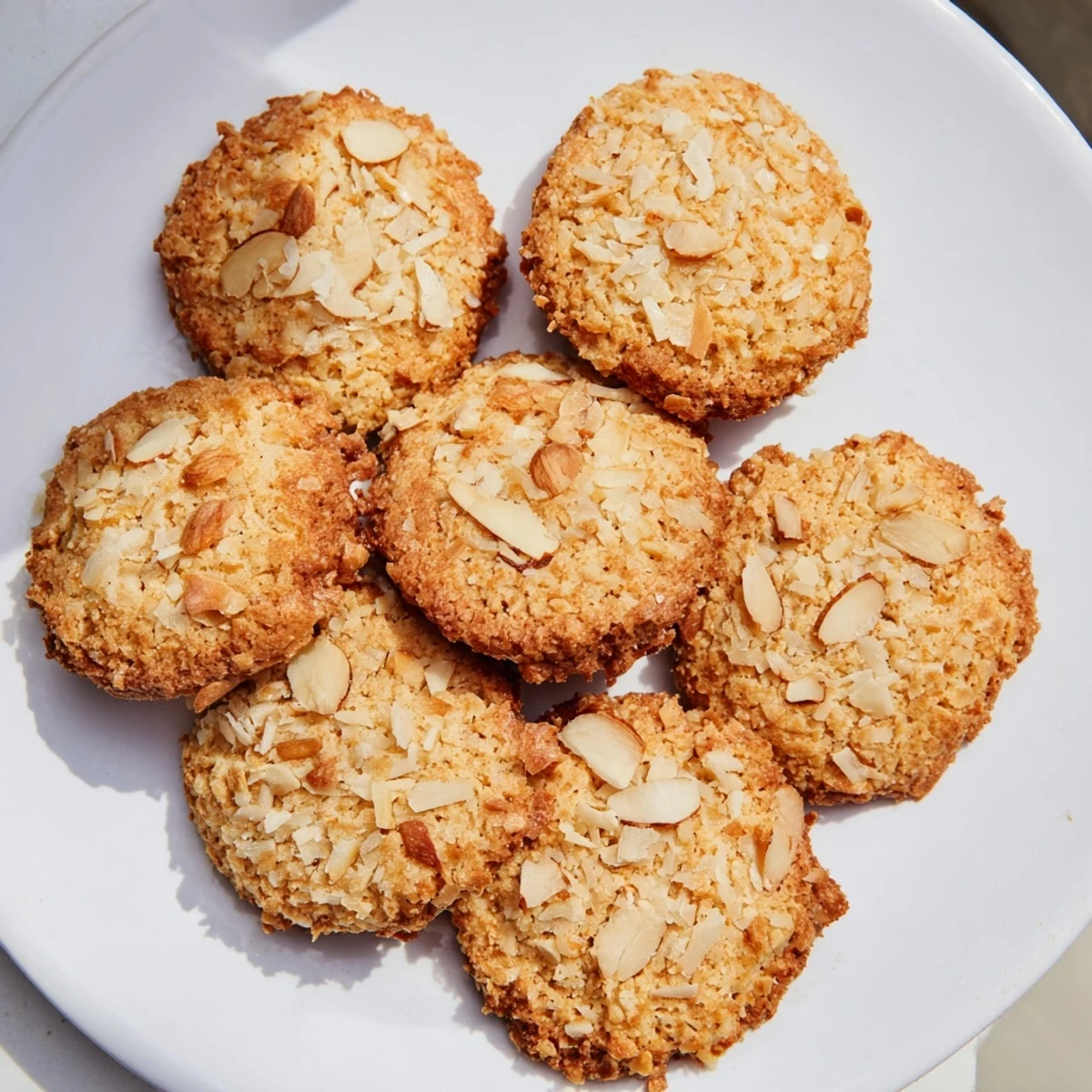 Close-up of gluten-free keto almond cookies featuring shredded coconut and almond pieces on a rustic wooden board