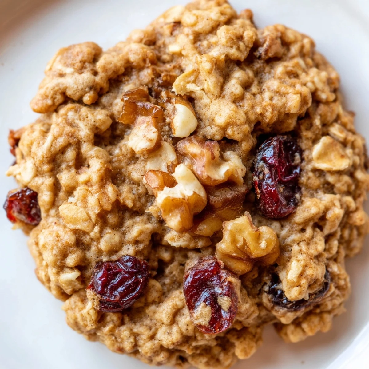 Chewy homemade pumpkin cranberry oatmeal raisin cookies studded with tart red berries and sweet raisins on a cooling rack.