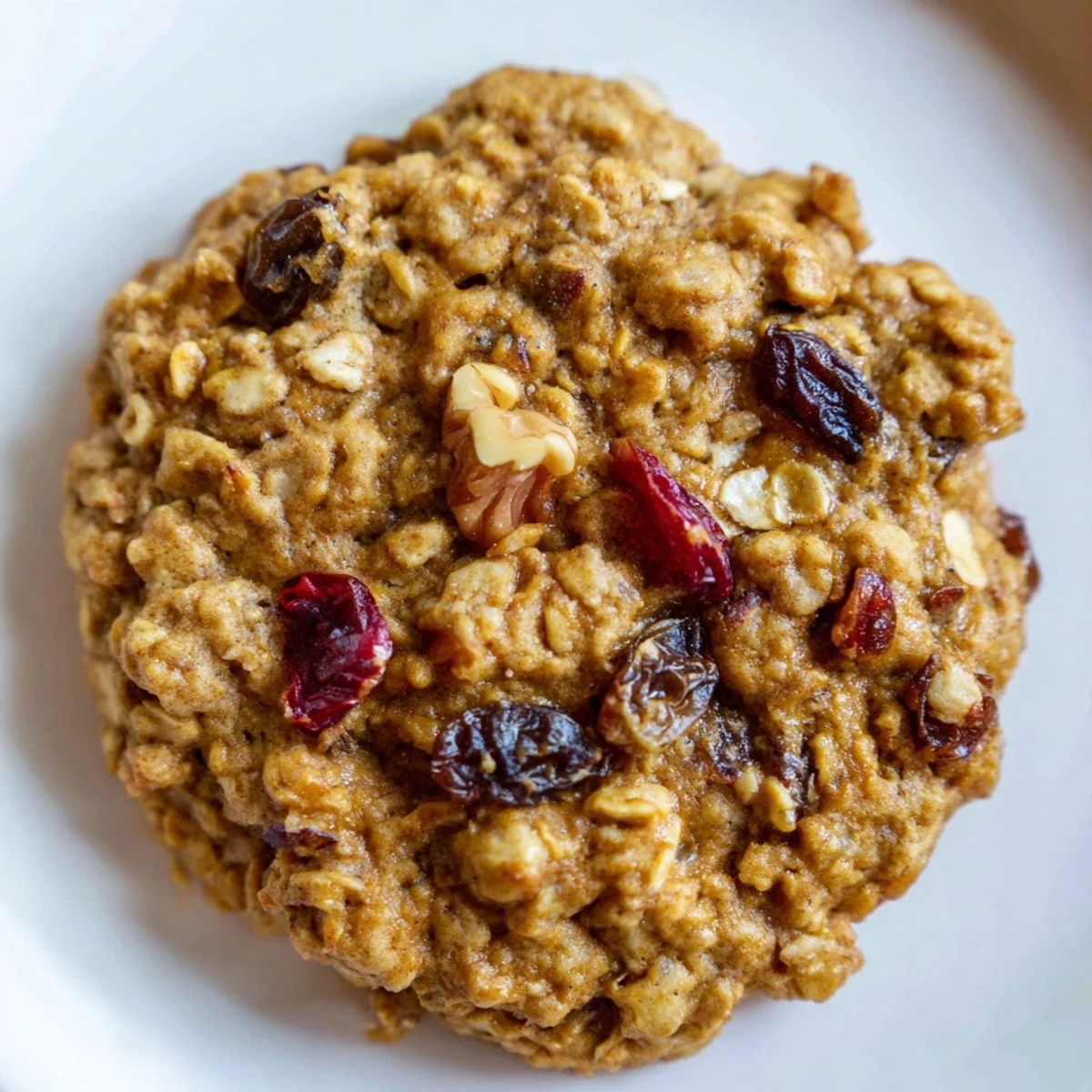 Freshly baked pumpkin cranberry oatmeal raisin cookies with soft centers and crisp edges, dusted with light cinnamon spice.