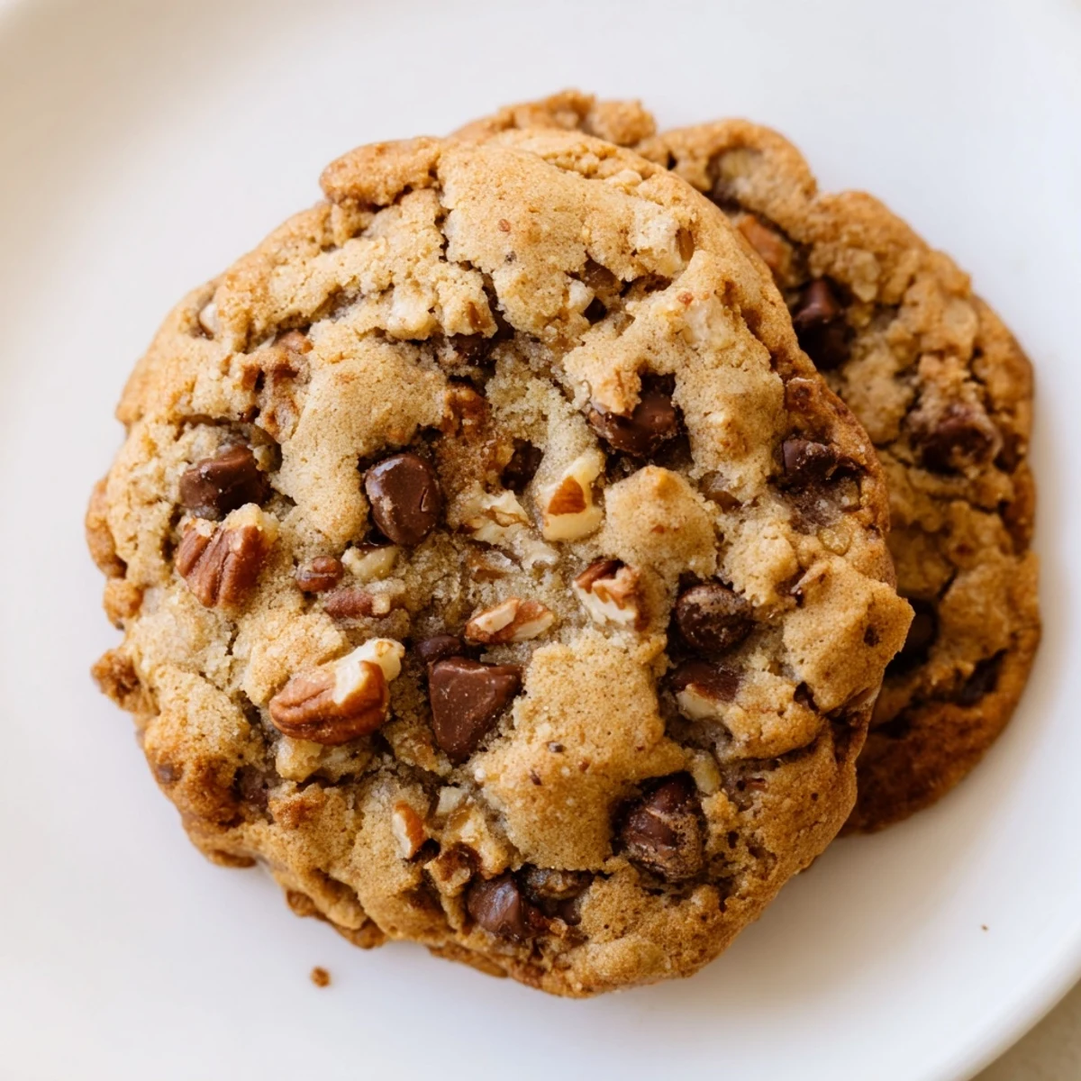 Chewy maple pecan chocolate chip cookies fresh from the oven with gooey chocolate and crunchy nut bits
