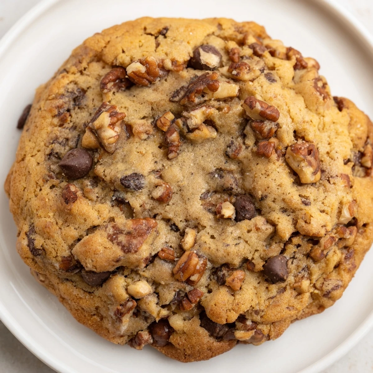 Golden gluten-free maple pecan chocolate chip cookies with melted chocolate chunks and toasted pecans on a white plate