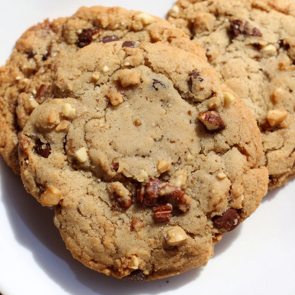 Stack of warm gluten-free maple pecan chocolate chip cookies showing soft centers and crispy golden edges