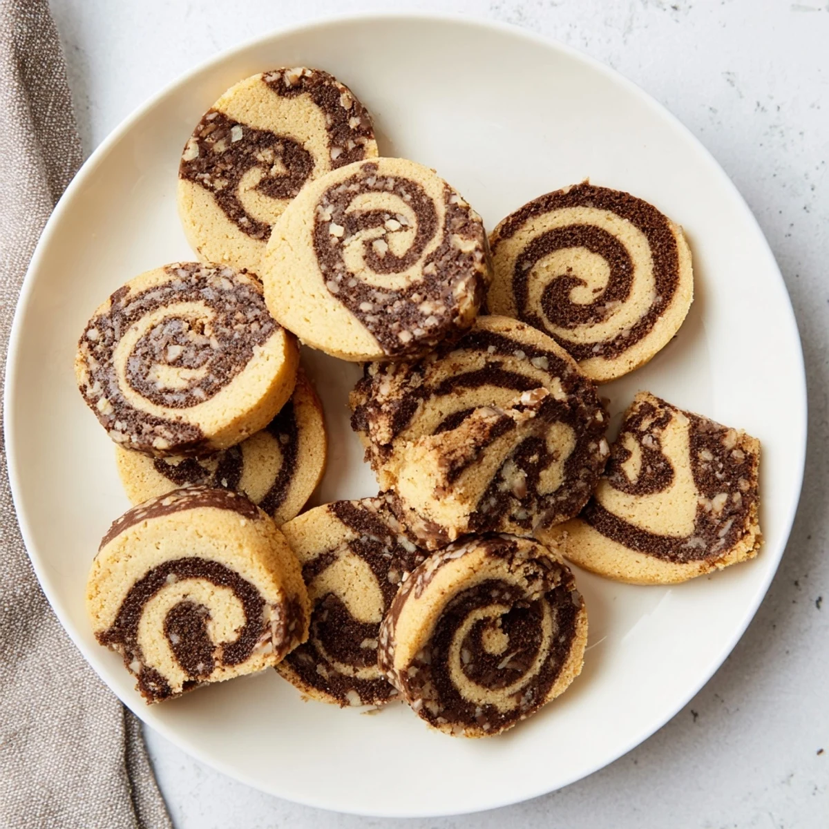 Golden keto chocolate hazelnut swirl cookies with marbled chocolate patterns on a white plate