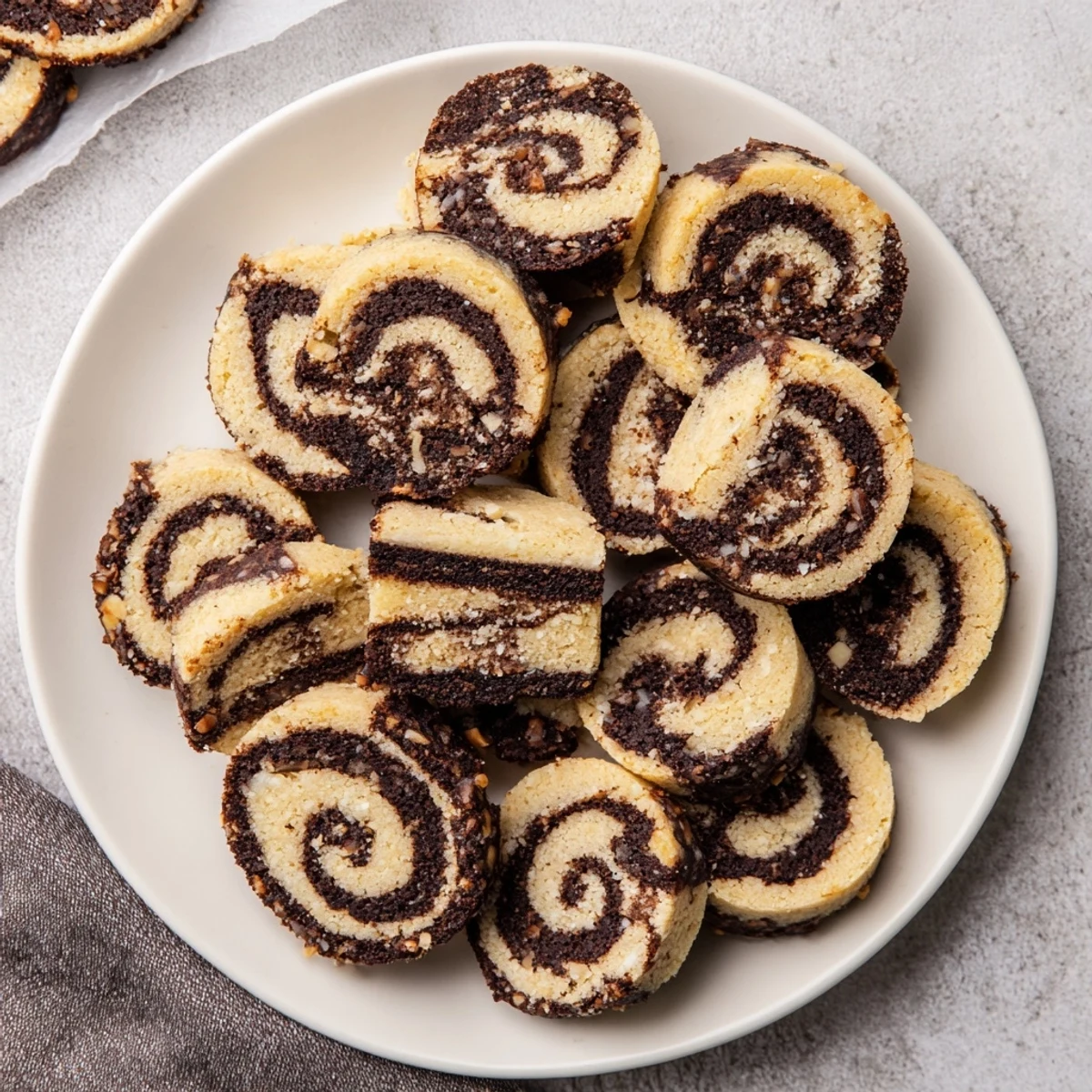 Crisp low carb cookies featuring rich chocolate hazelnut spirals freshly baked to golden perfection