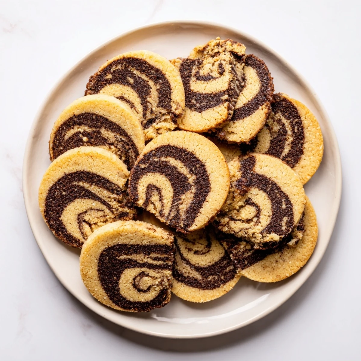 Tender gluten-free chocolate hazelnut swirl cookies with distinct marble patterns and lightly browned edges