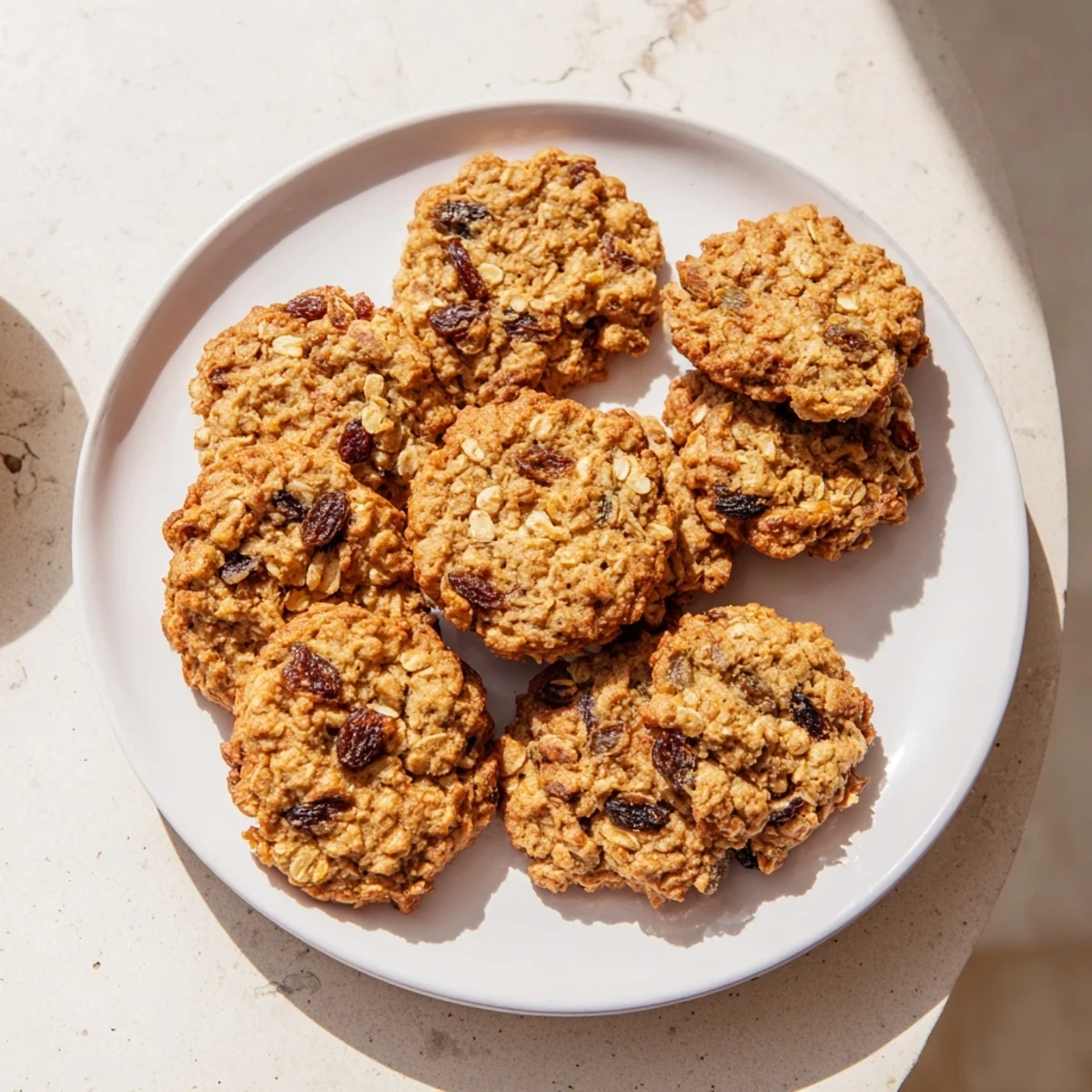 Freshly baked vegan passionfruit oatmeal raisin cookies with golden edges and a sprinkle of oats
