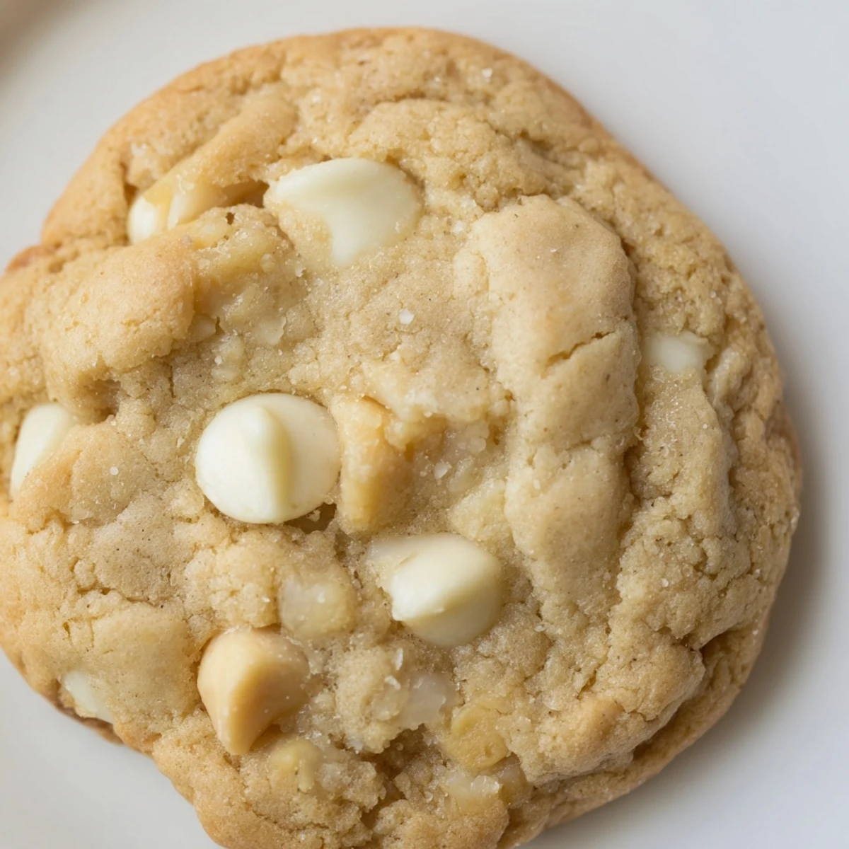 Golden gluten-free white chocolate macadamia cookies with gooey chips and toasted nuts on a cooling rack