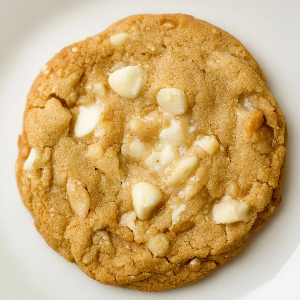 Freshly baked gluten-free white chocolate macadamia cookies showing crisp edges and chewy centers studded with white chocolate