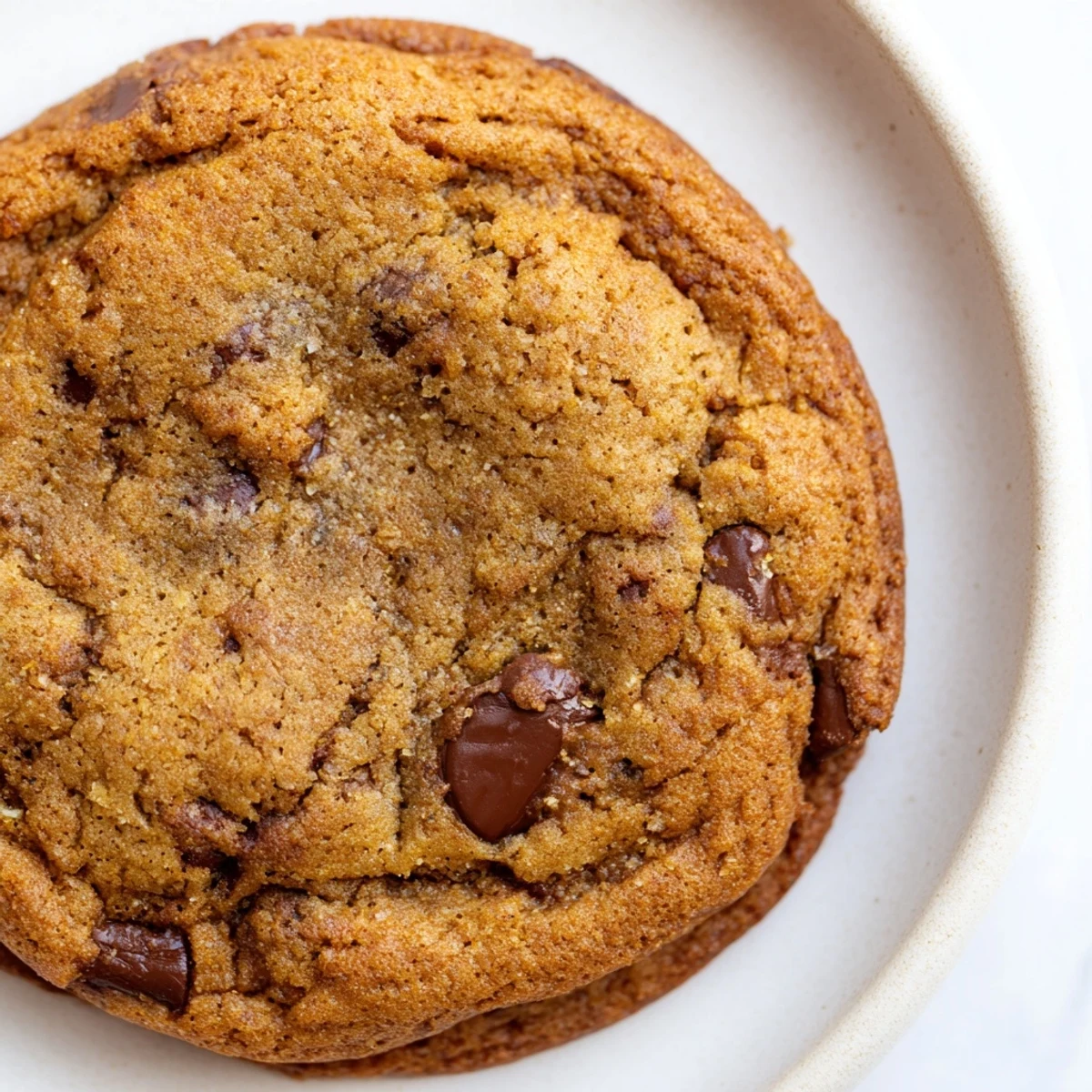 Freshly baked brown butter cinnamon chocolate chip cookies cooling on wire rack