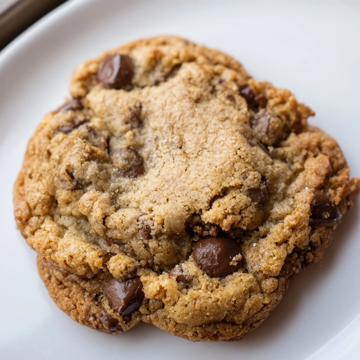 Crispy-edged brown butter cinnamon chocolate chip cookies stacked on wooden serving board