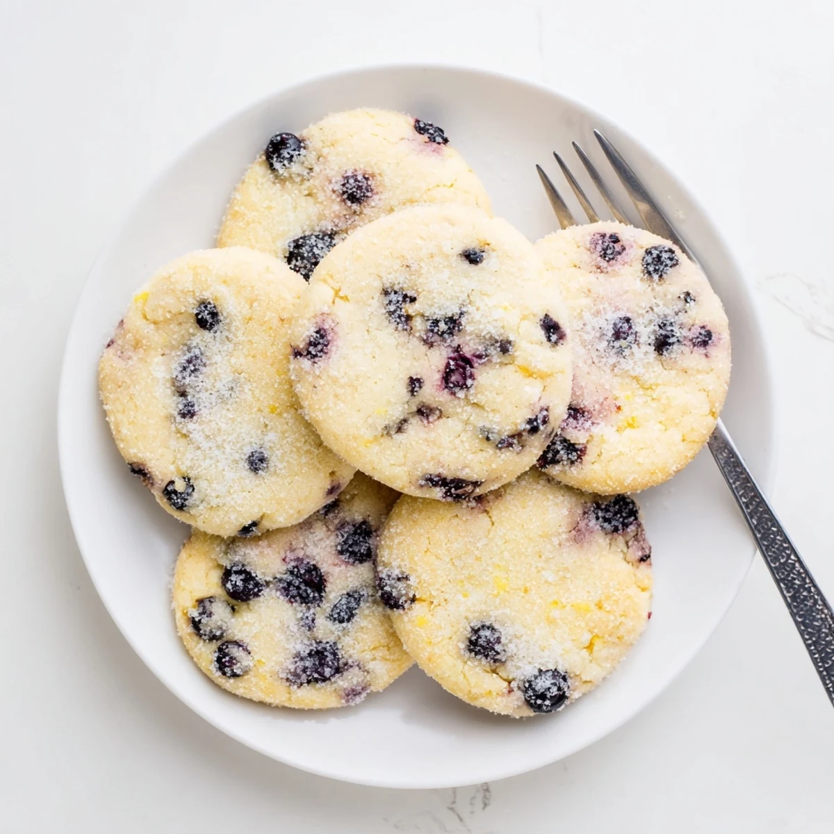 Soft vegan blueberry lemon sugar cookies topped with sparkling sugar and fresh blueberries