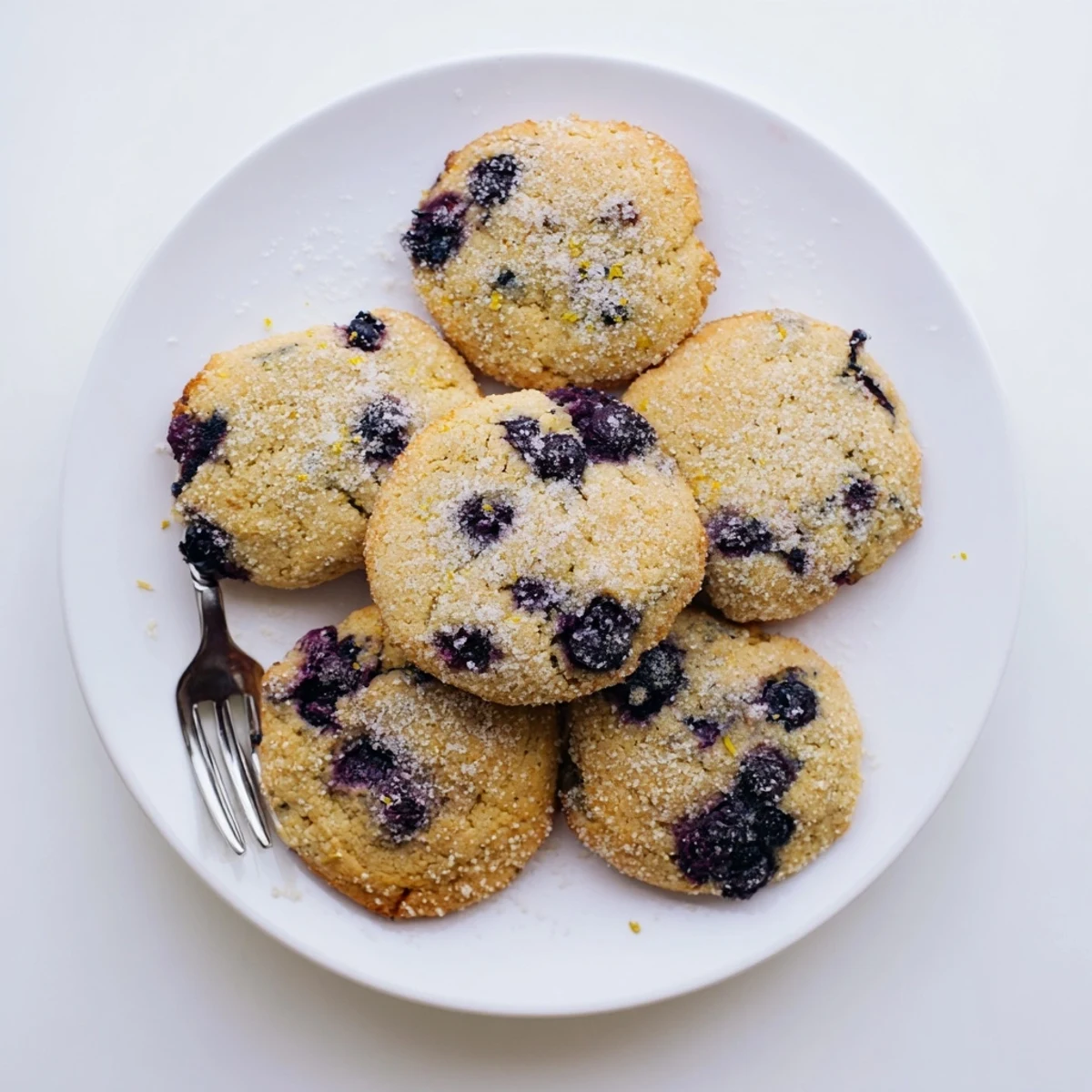Golden plant-based lemon sugar cookies studded with juicy blueberries on a white plate