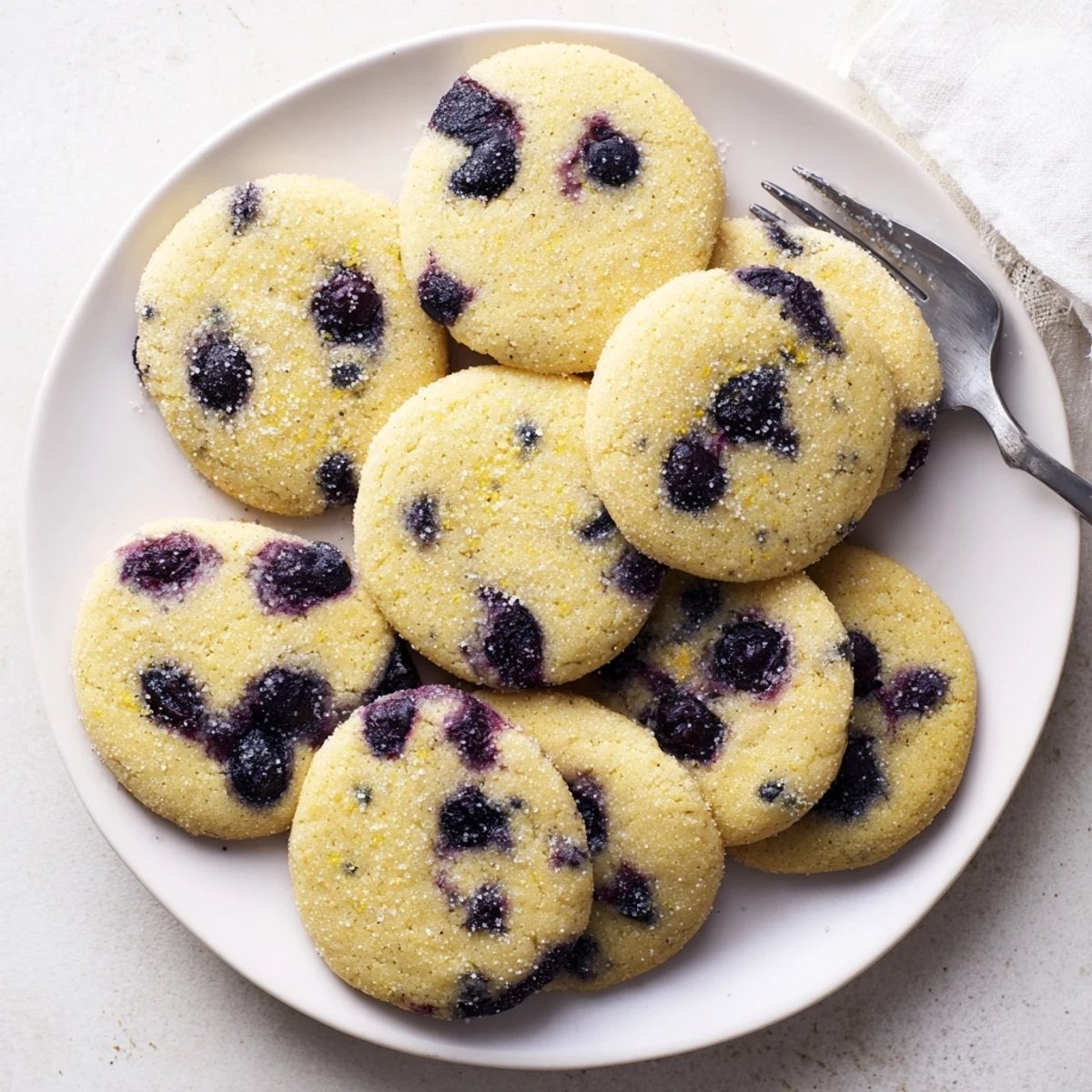 Stack of tender vegan blueberry lemon sugar cookies with zesty glaze and berry garnish