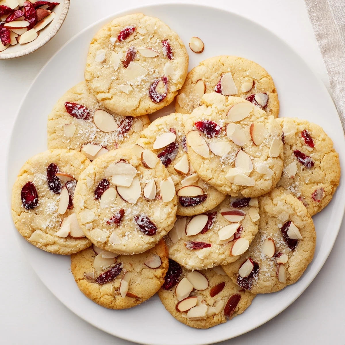 Stack of tender gluten-free cherry almond sugar cookies dusted with coarse sparkling sugar