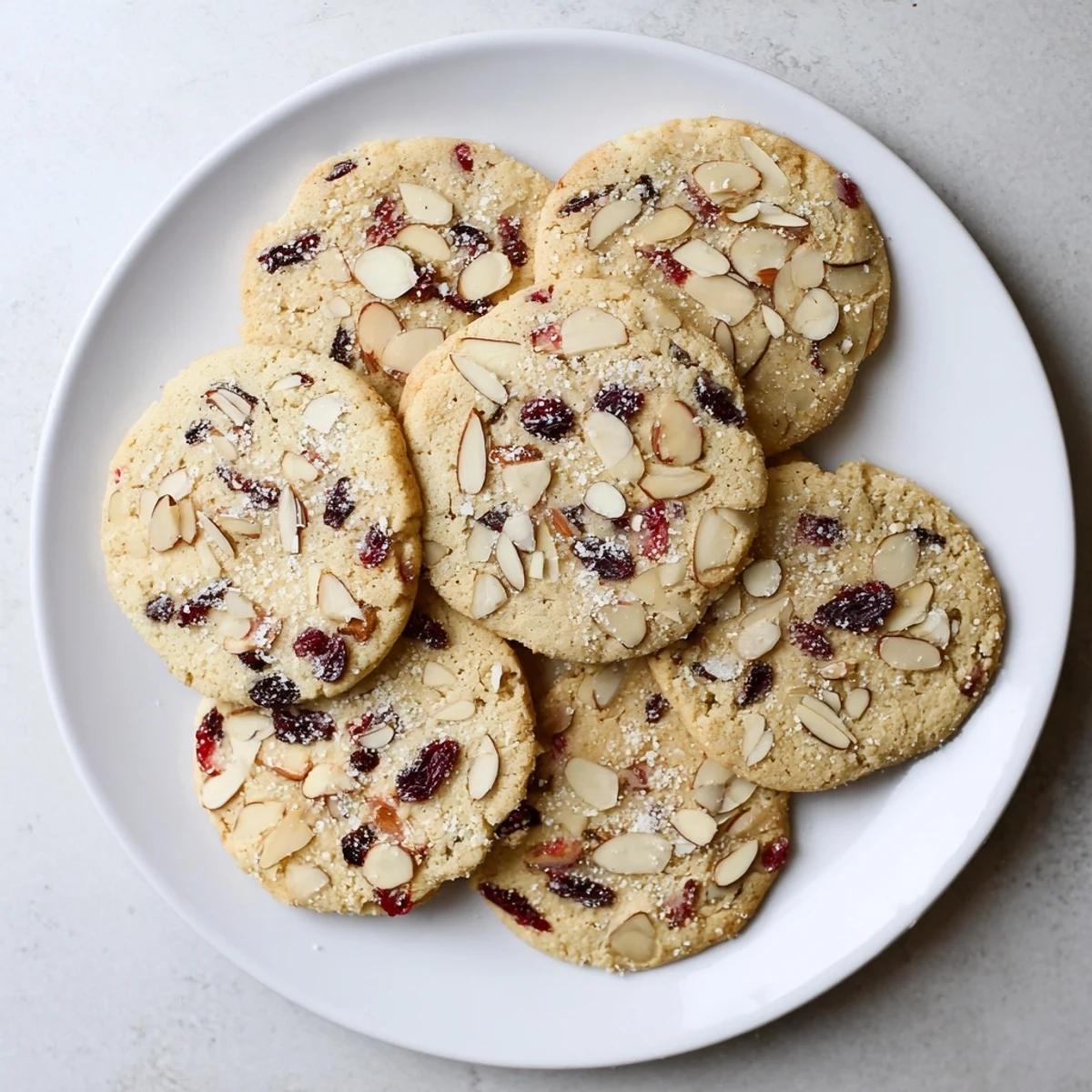 Close-up of chewy gluten-free cherry almond sugar cookies with almond slices on baking sheet