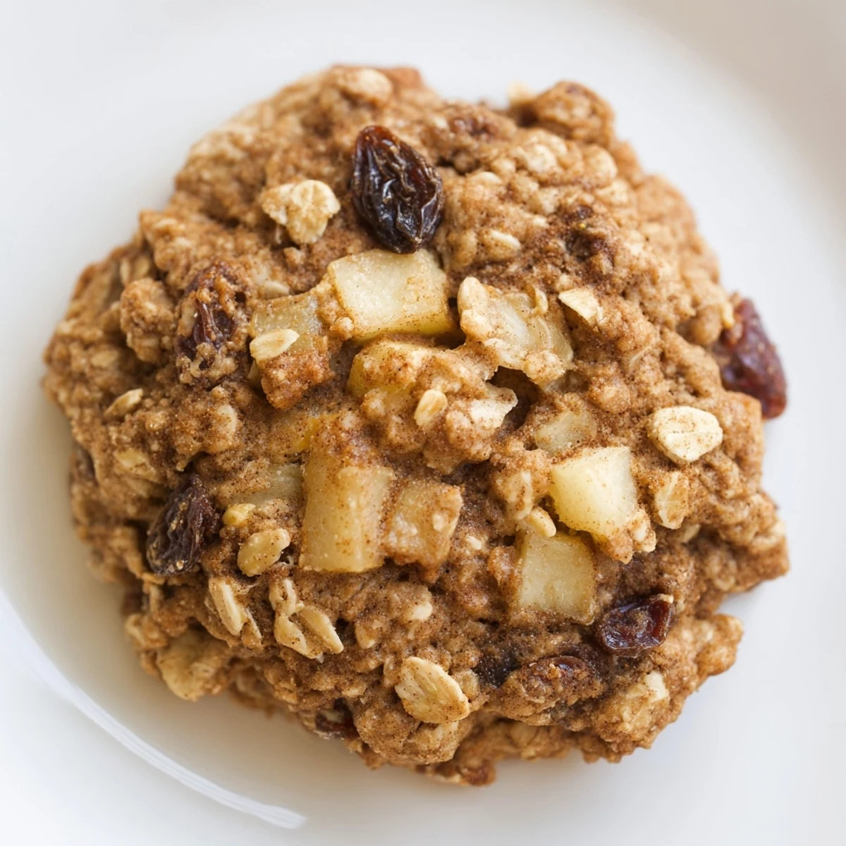 Soft chewy oatmeal cookies studded with diced apple and raisins on a white plate