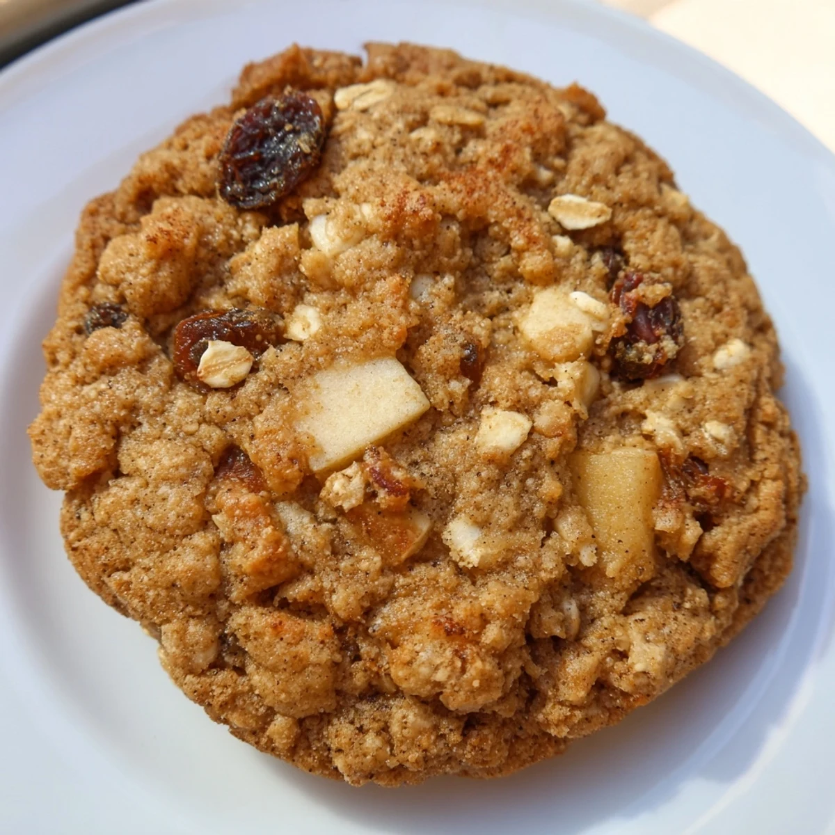 Golden brown apple maple oatmeal raisin cookies stacked on a wooden cutting board