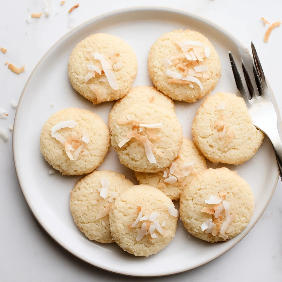 Golden brown keto vanilla coconut flour cookies cooling on a wire rack with lightly toasted edges