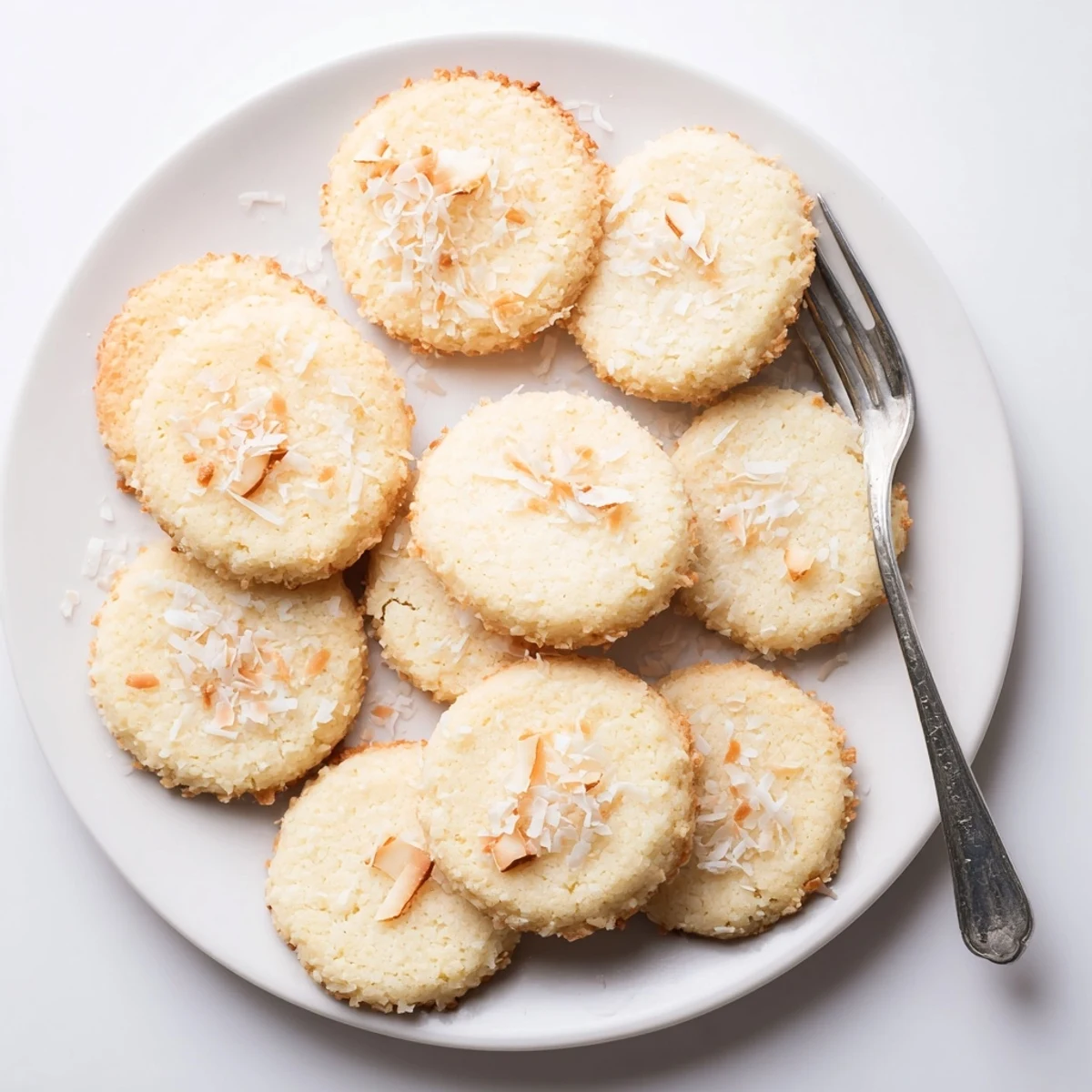 Plate of low-carb vanilla coconut flour cookies dusted with shredded coconut alongside a cup of tea