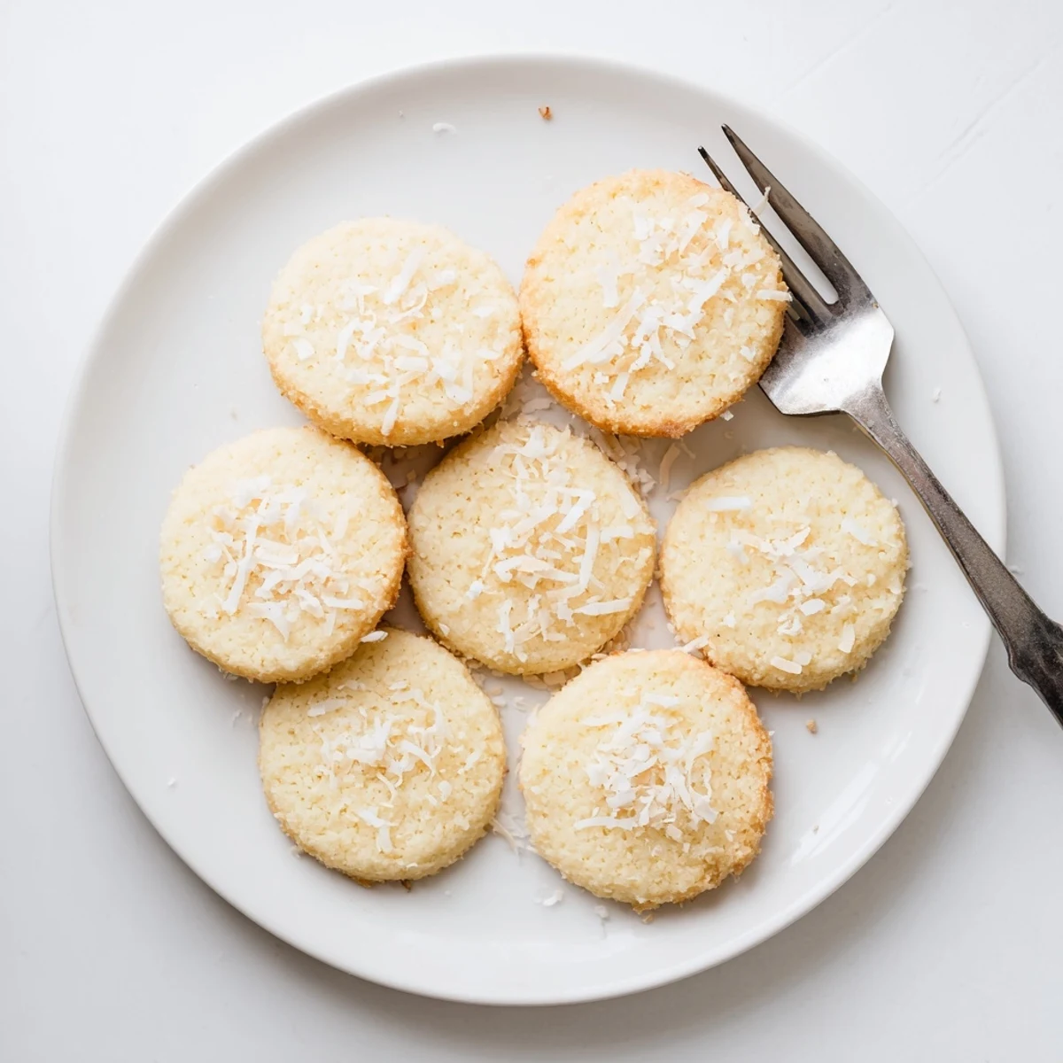 Close up of tender melt-in-your-mouth keto coconut flour cookies with visible vanilla speckling on a wooden board