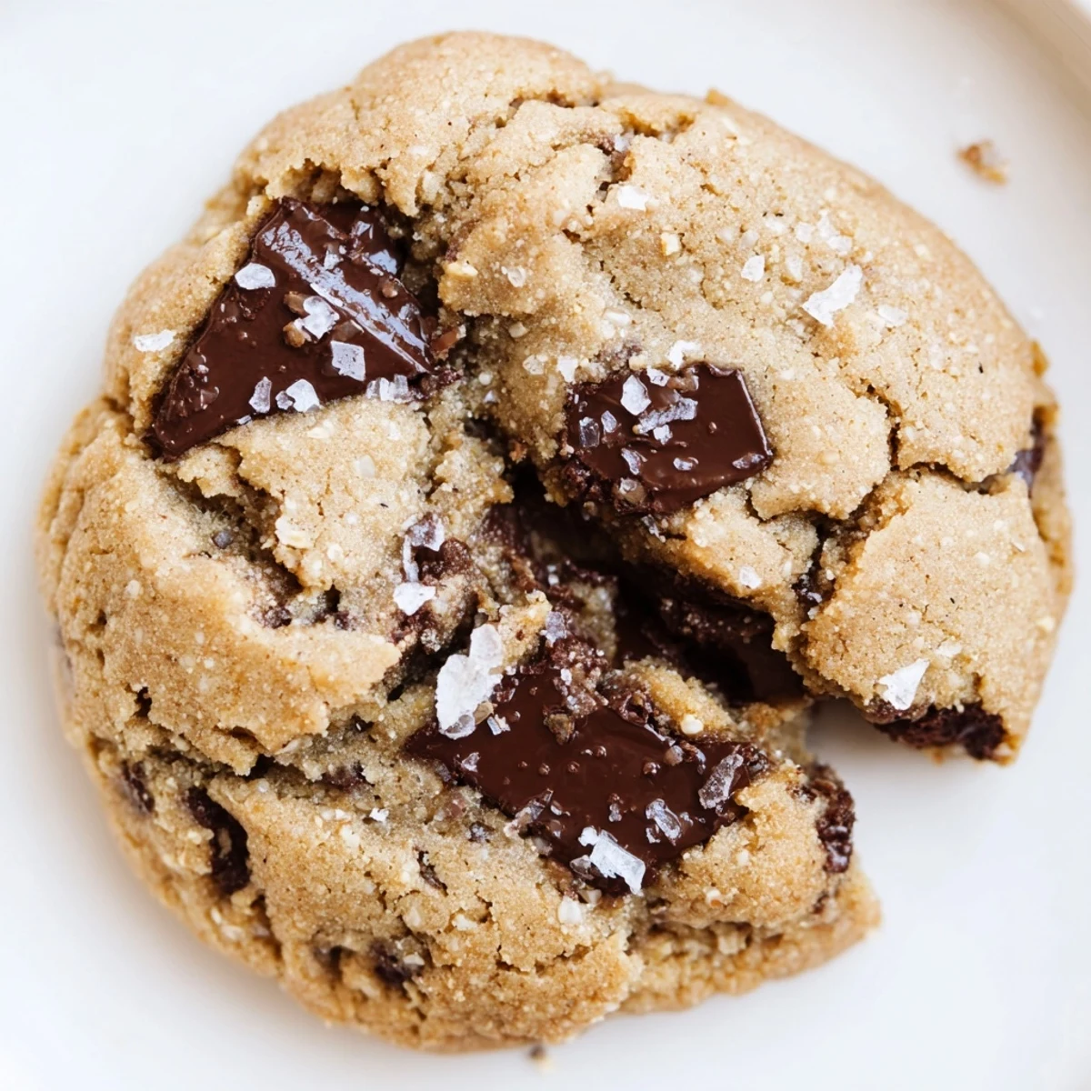 Chewy gluten-free salted tahini chocolate chip cookies studded with melted chocolate chips and topped with crunchy sea salt