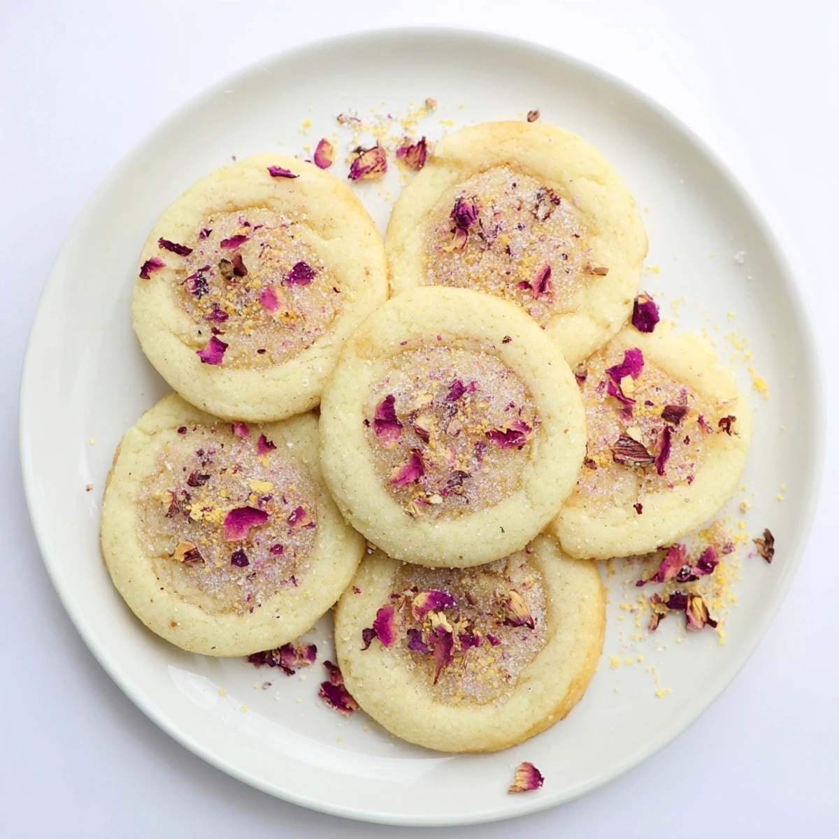 Soft vegan lychee rose sugar cookies topped with coarse sparkling sugar and delicate dried rose petals on a white plate