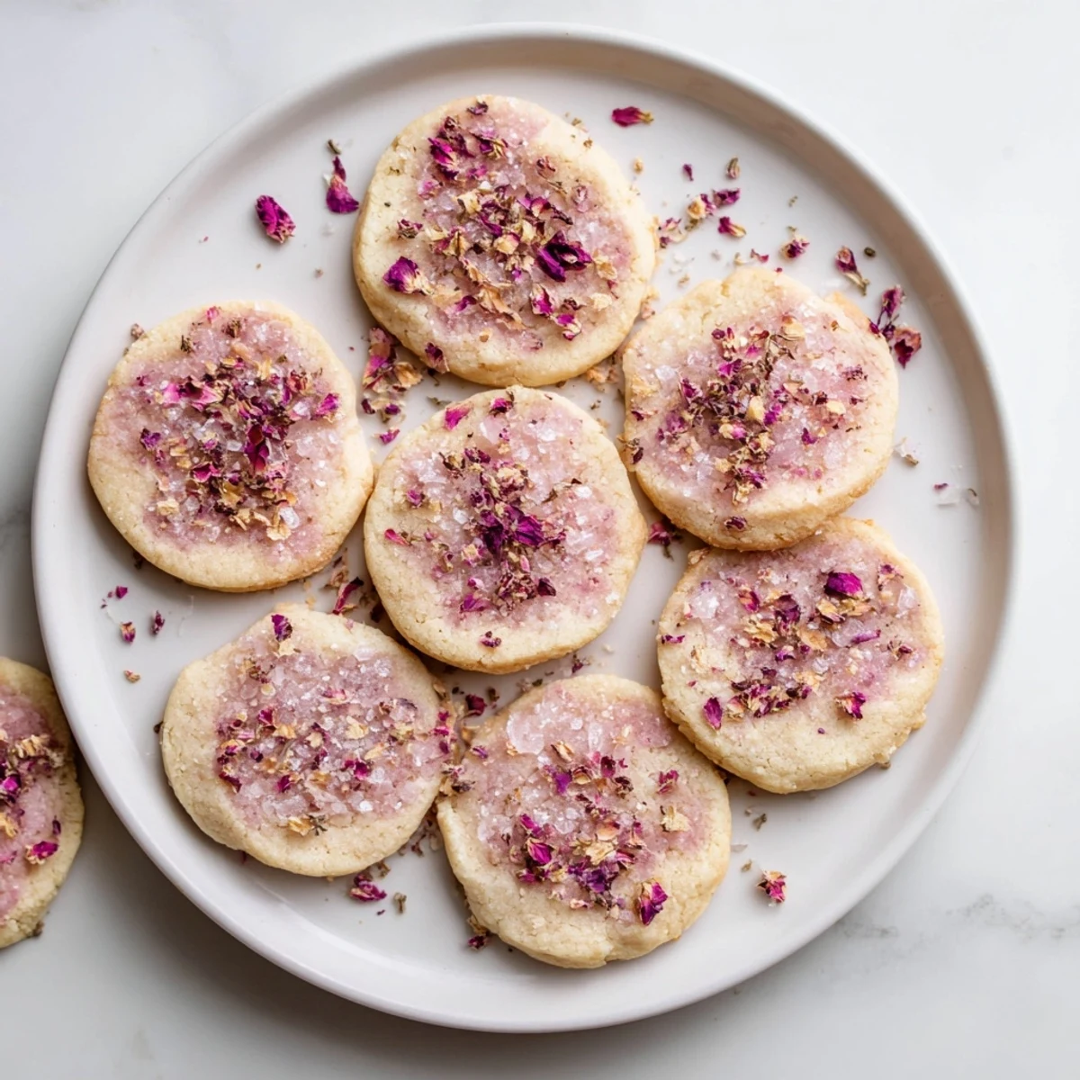 Golden-edged vegan lychee rose sugar cookies cooling on a wire rack, their floral aroma filling a sunlit kitchen