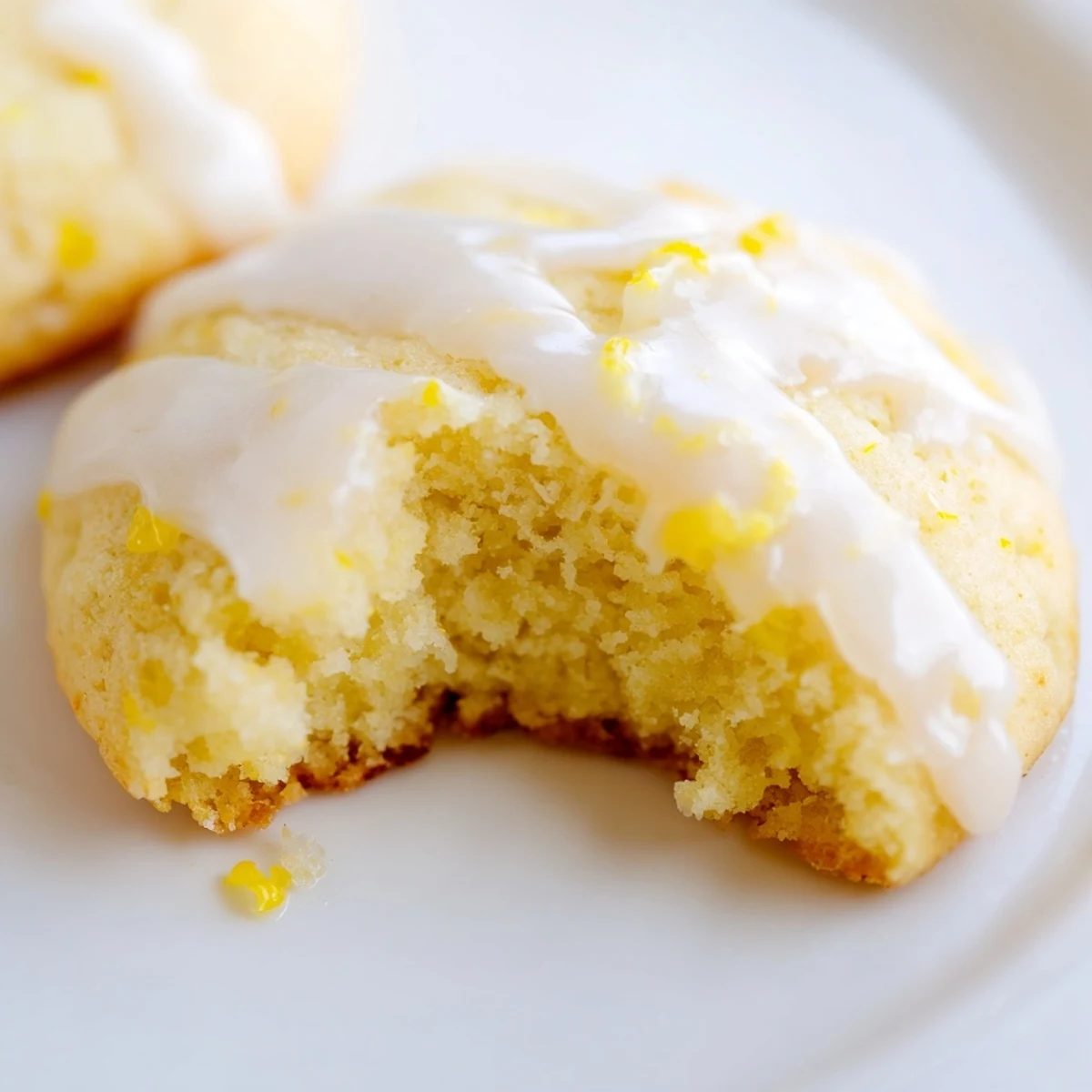 Soft gluten-free lemon ricotta style cookies drizzled with tangy white lemon glaze on wire rack.