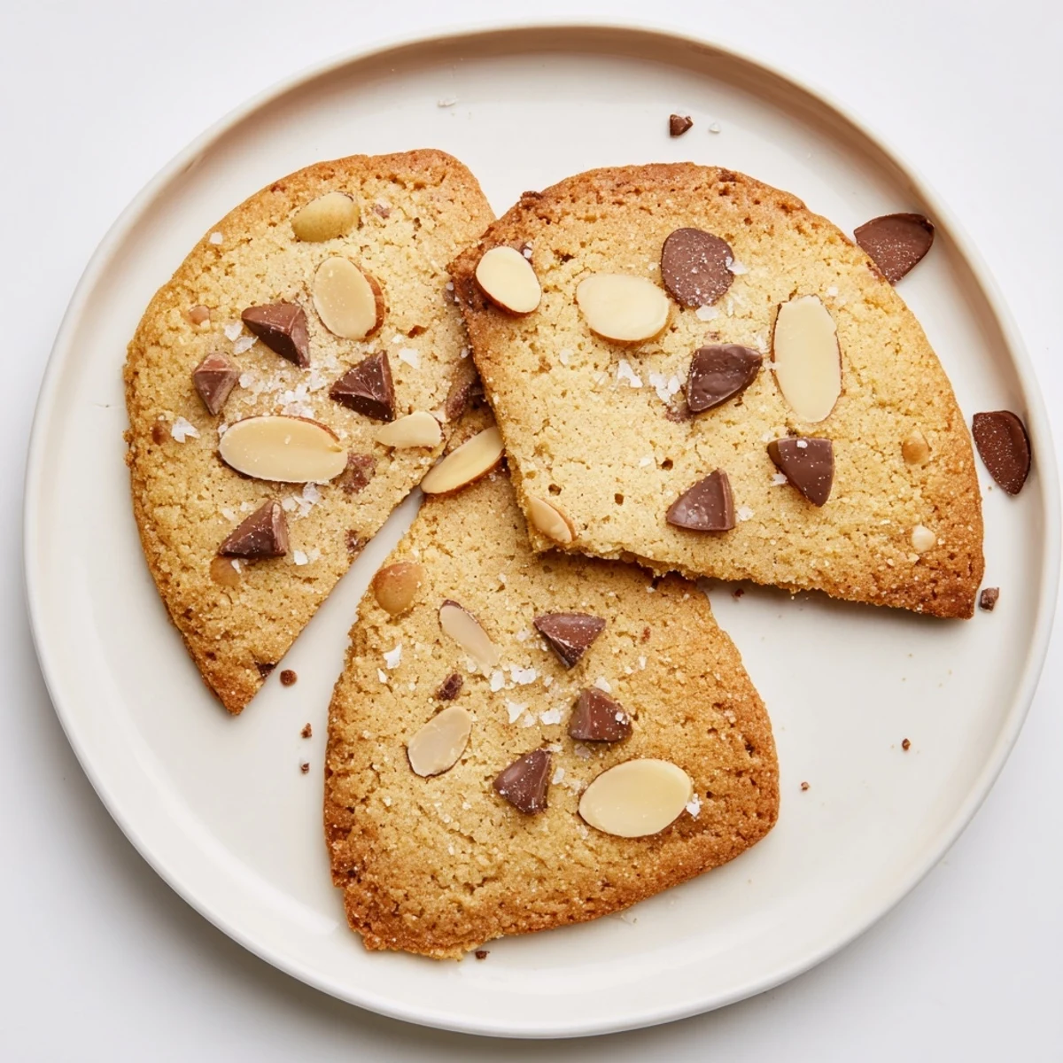 Plate of freshly baked low-carb almond flour cookies topped with toasted sliced almonds and flaky sea salt