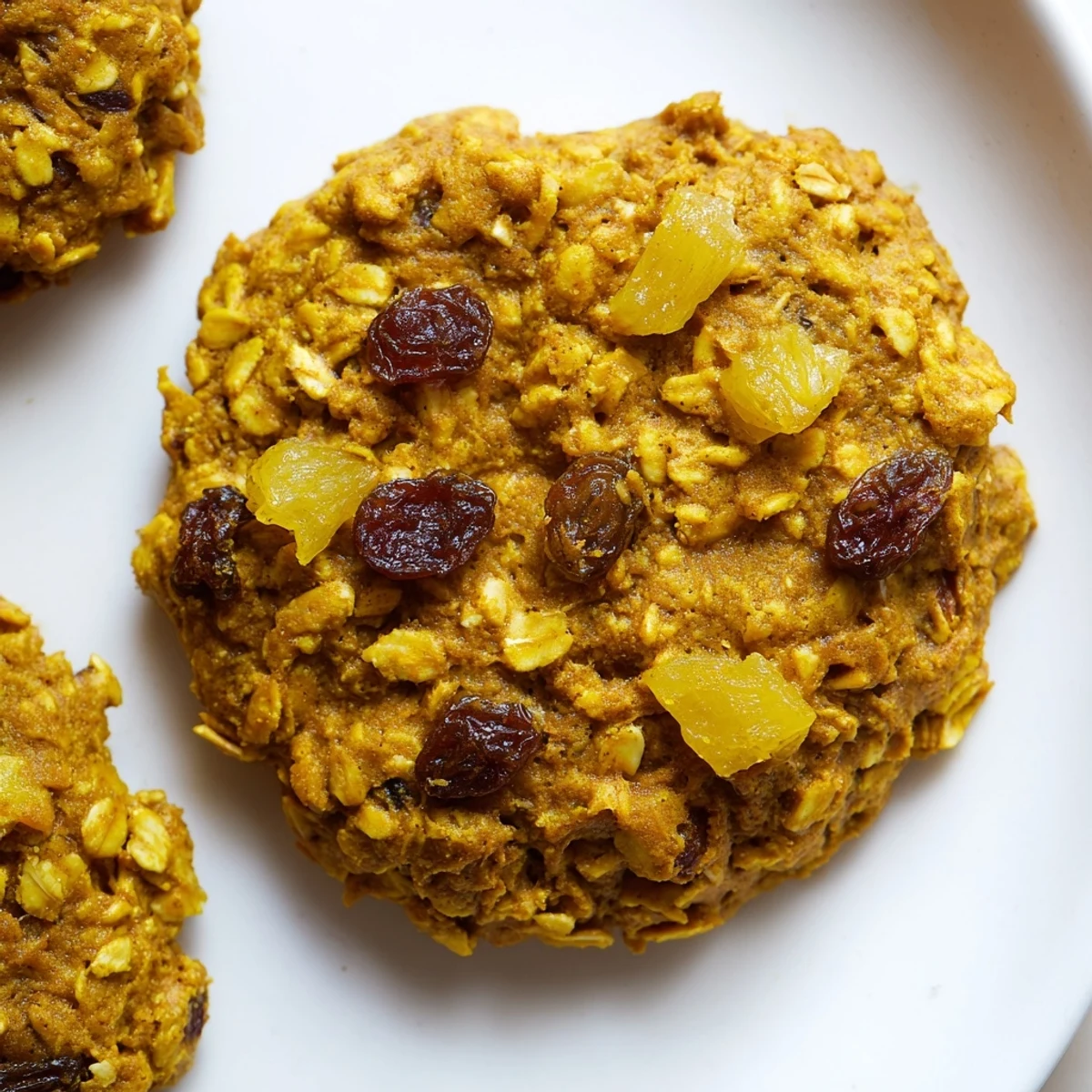 Golden vegan pineapple turmeric oatmeal raisin cookies fresh from the oven with tropical fruit chunks