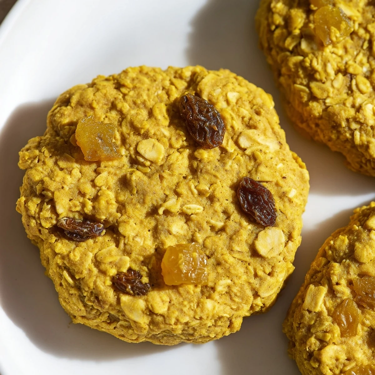 Chewy plant-based cookies studded with sweet raisins and bright pineapple on a wire cooling rack
