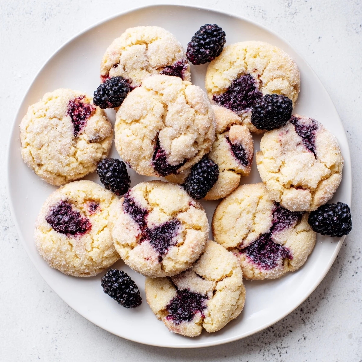 Golden vegan blackberry vanilla sugar cookies studded with juicy purple fruit on a white plate