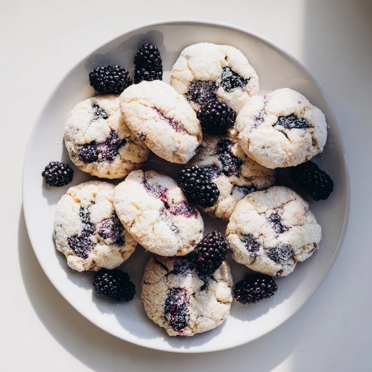 Stack of plant-based blackberry vanilla sugar cookies showing flecks of dark fruit and vanilla specks