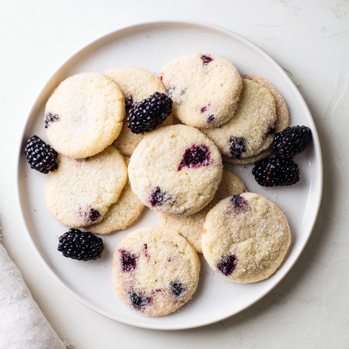 Close-up of tender vegan blackberry vanilla sugar cookies with burst berry pieces and crinkled sugar tops