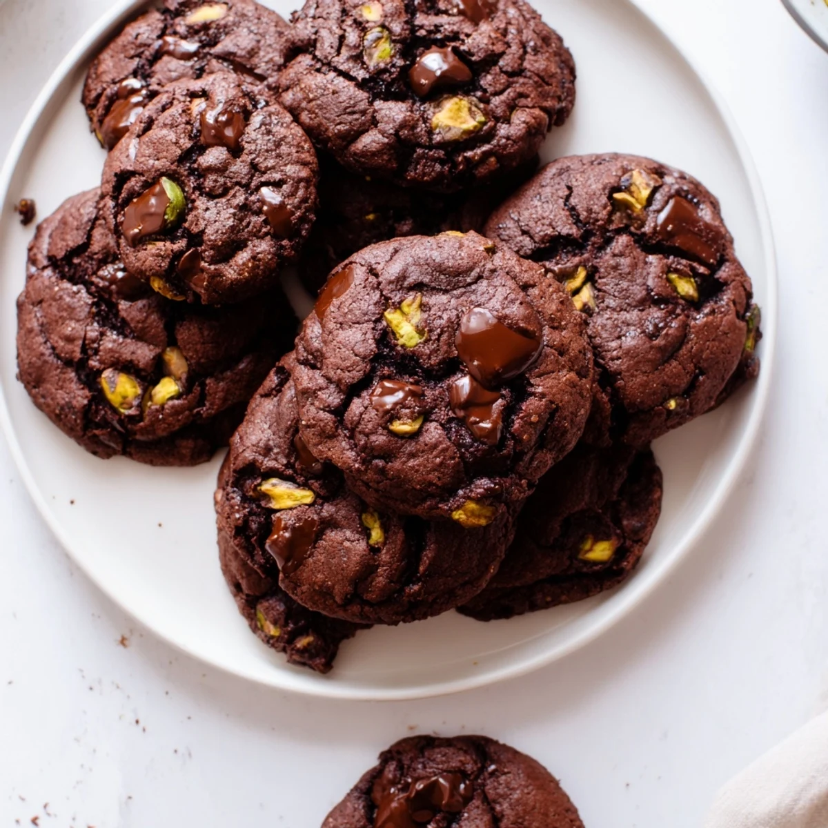 Golden gluten-free dark chocolate pistachio cookies with melted chocolate chips and nutty pistachio chunks on a white plate