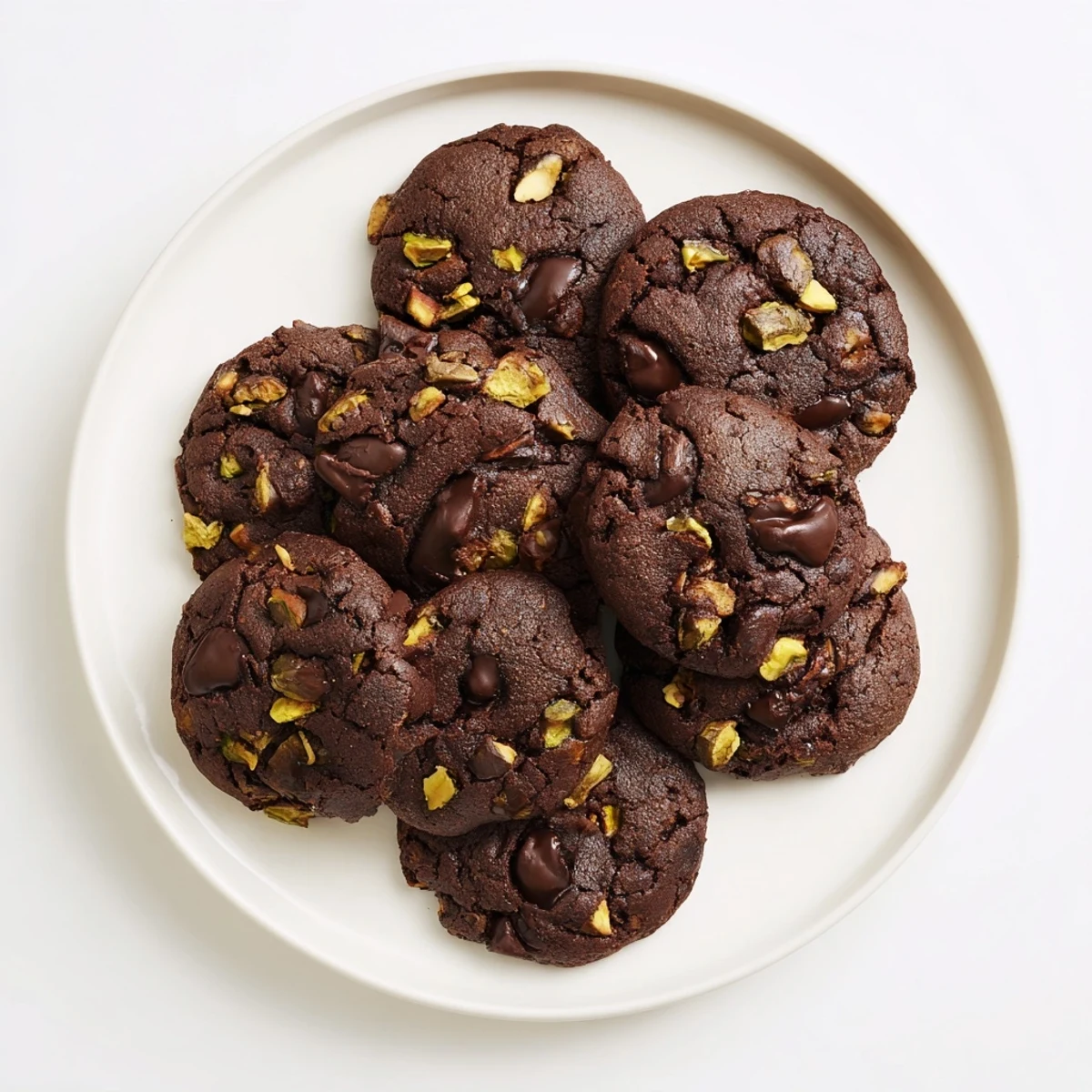 Batch of chewy gluten-free dark chocolate pistachio cookies stacked on a wooden cutting board with visible chocolate and nuts