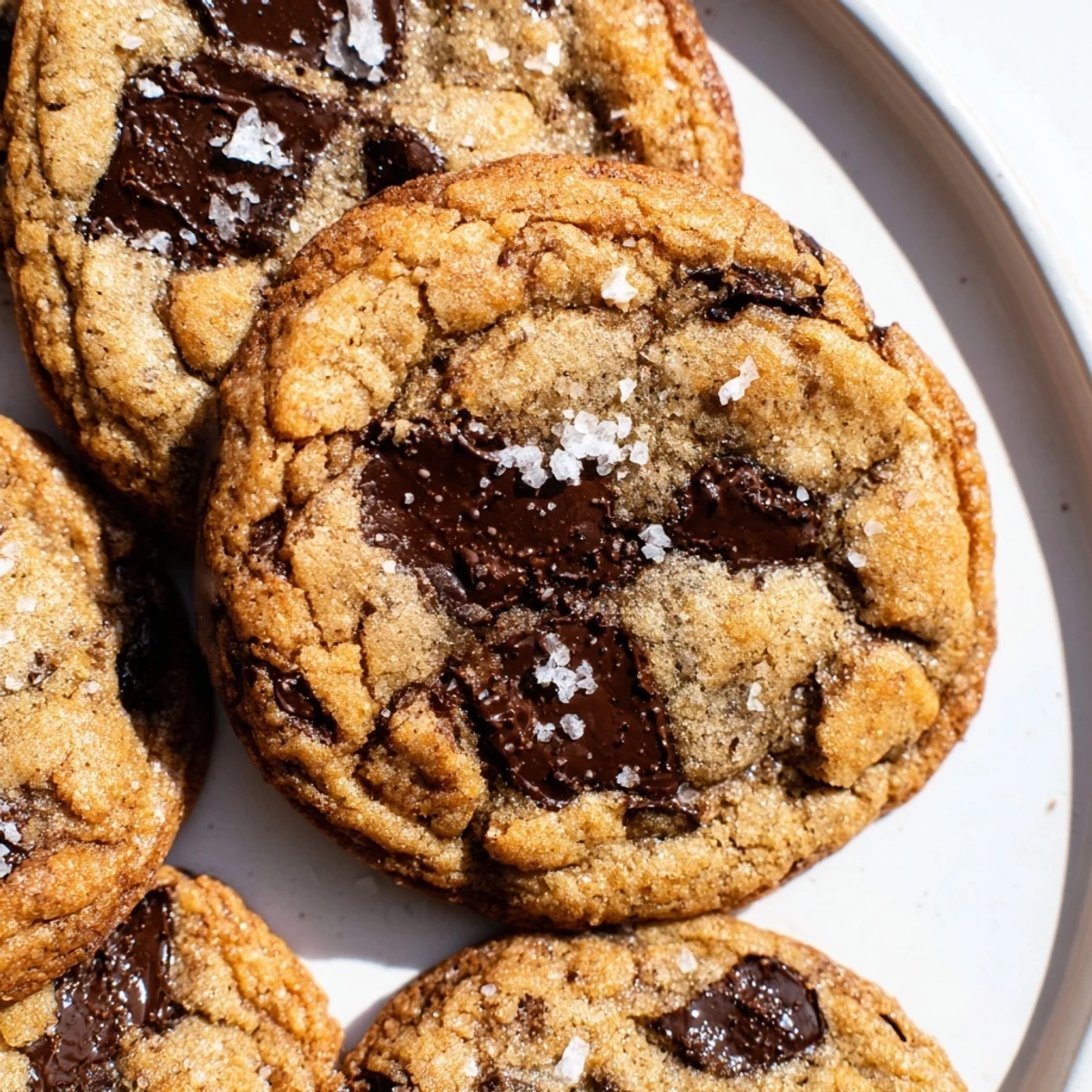 Golden brown butter espresso chocolate chip cookies with melted chocolate chips and sea salt topping on a white plate