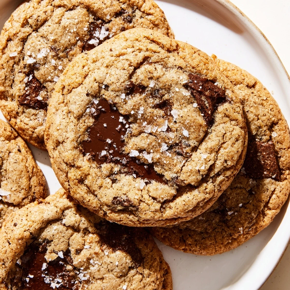 Stack of gourmet brown butter espresso chocolate chip cookies showing rich chocolate chunks and speckled espresso powder throughout the dough