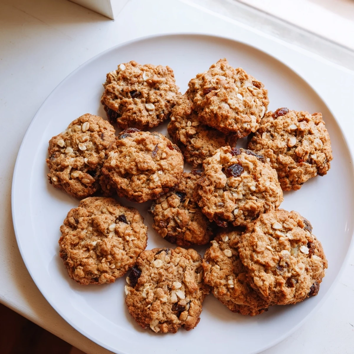 Chewy homemade oatmeal cookies studded with sweet dates, raisins, and shredded coconut cooling on a wire rack