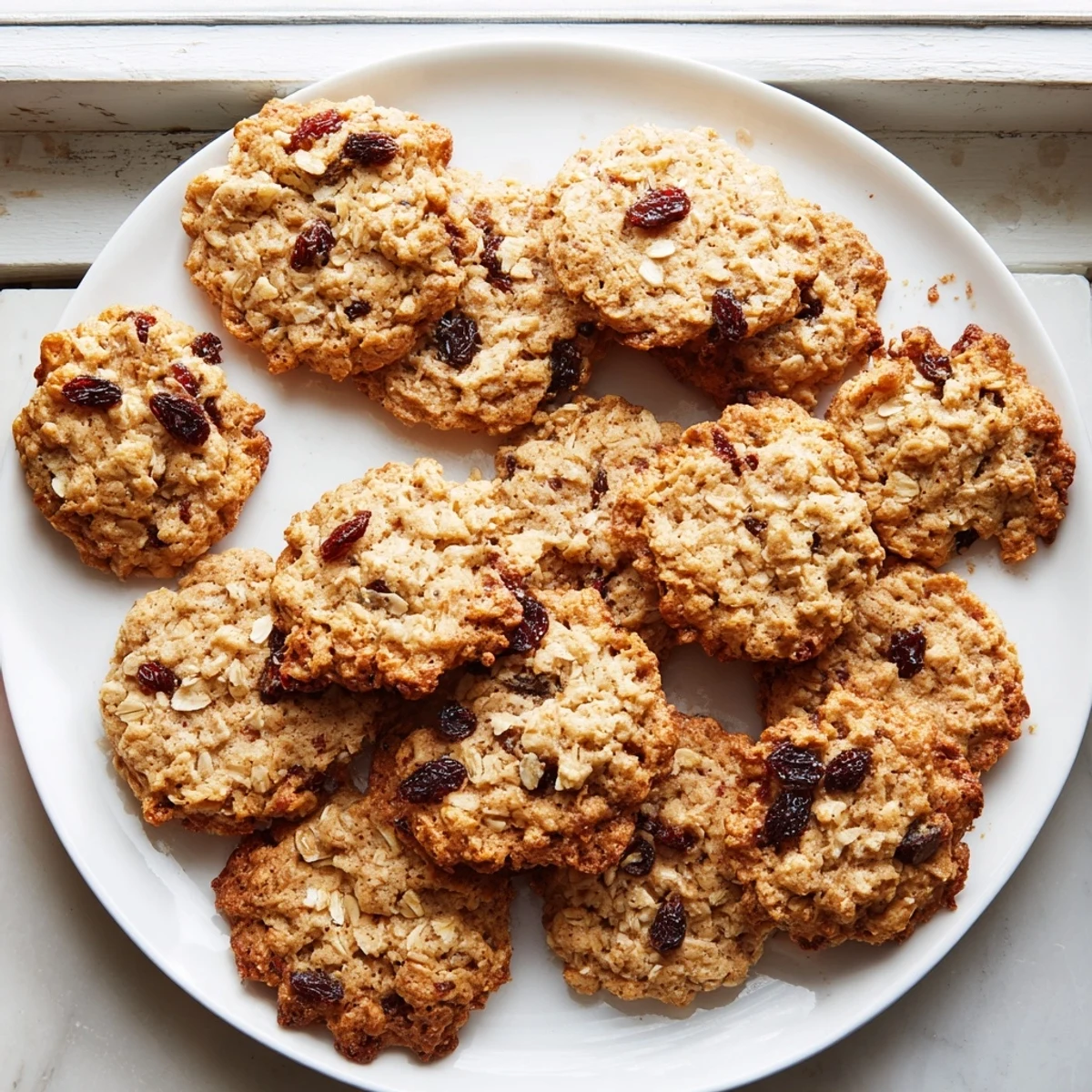 Golden brown coconut date oatmeal raisin cookies stacked on a wooden board with visible oats and coconut flakes